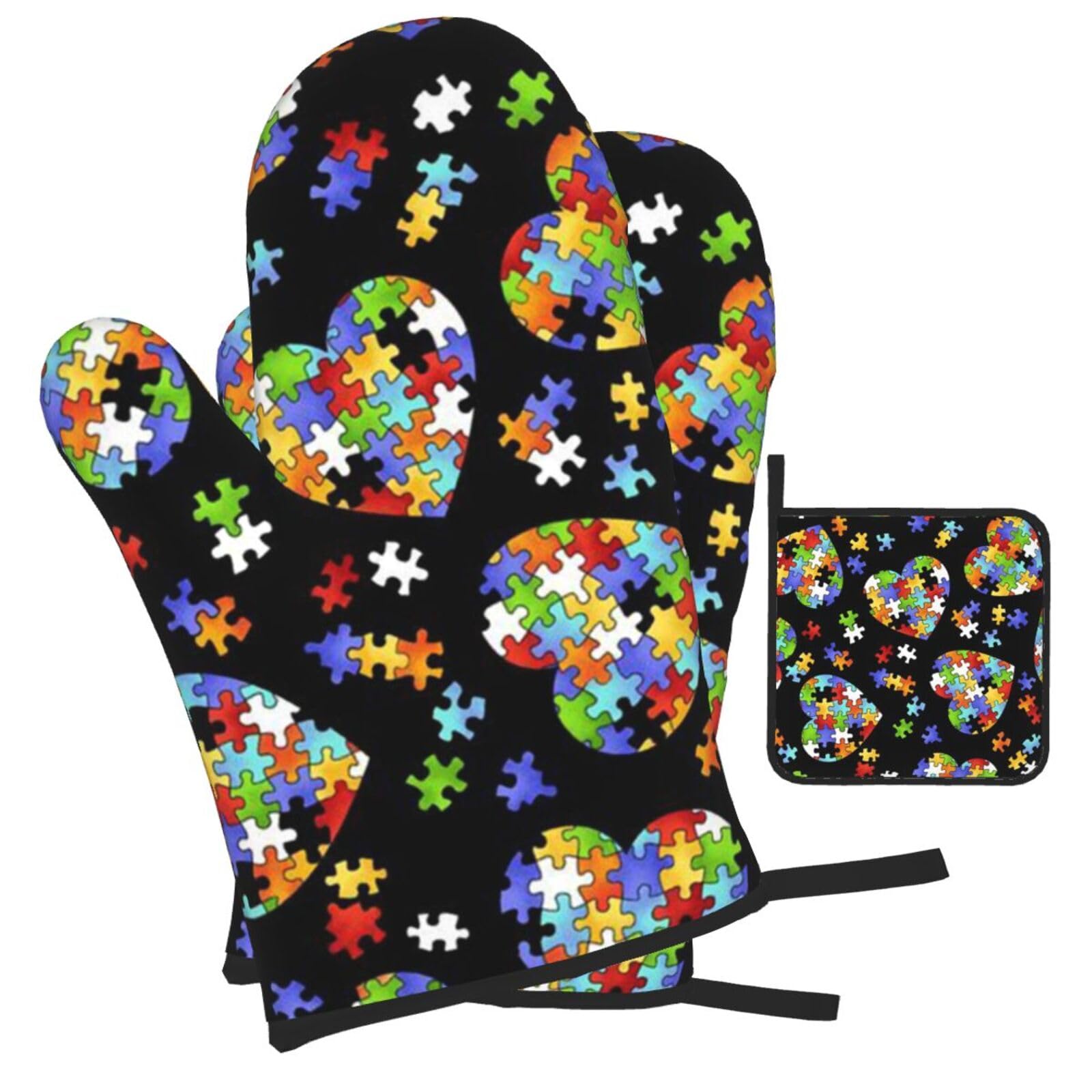 Autism Awareness Puzzle Pieces Heart Printed Oven Mitts and Pot Holders Heat Resistant Set of 3 Pcs, Modern Kitchen Gloves & Potholders for Cooking Baking Grilling