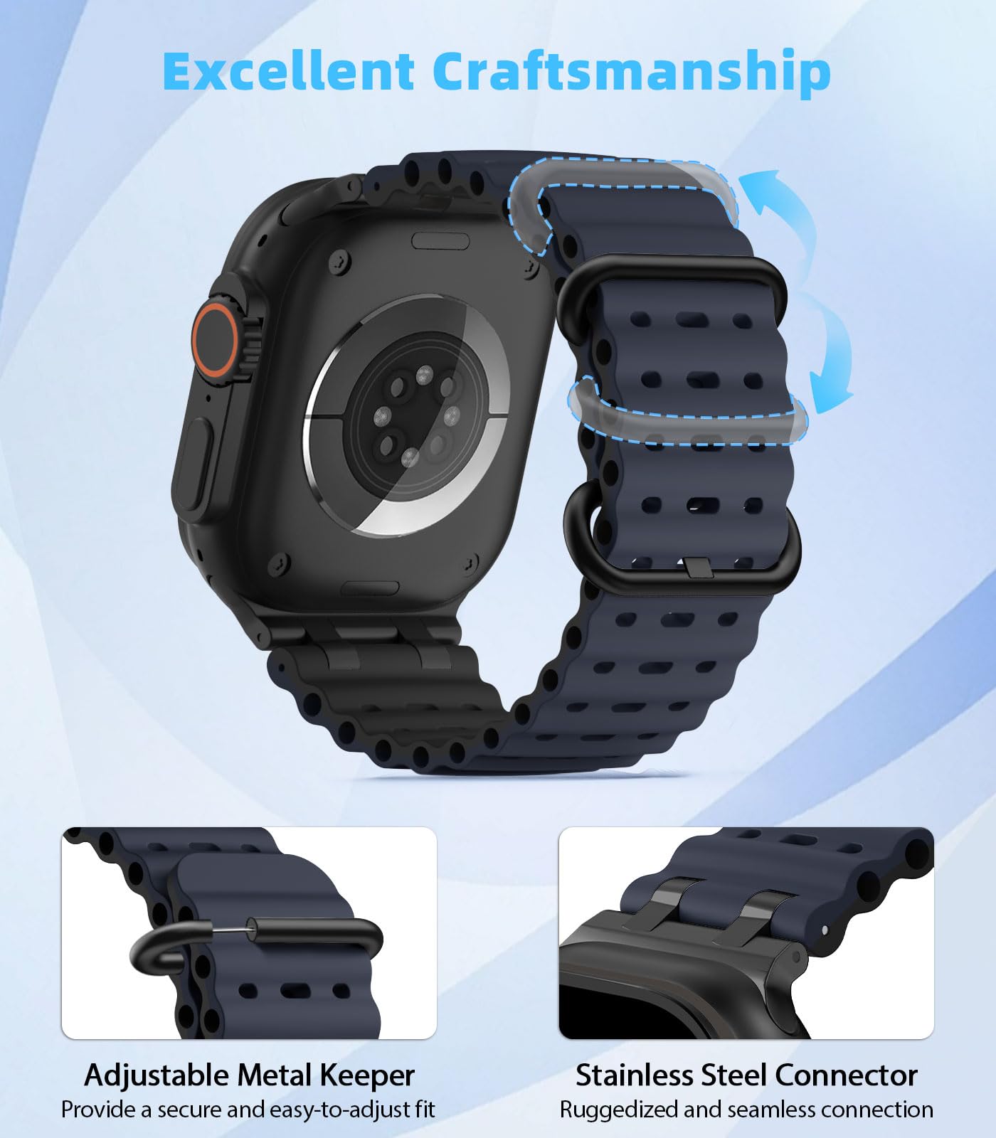 MoKo Cinturino Ocean Compatibile con Apple Watch Ultra 3/2/1 49 mm, S11/S10 46 mm, 9/8/7 45 mm, SE3/SE2/SE/6/5/4 44 mm, 3/2/1 42 mm, Cinturino Sportivo in Silicone Traspirante