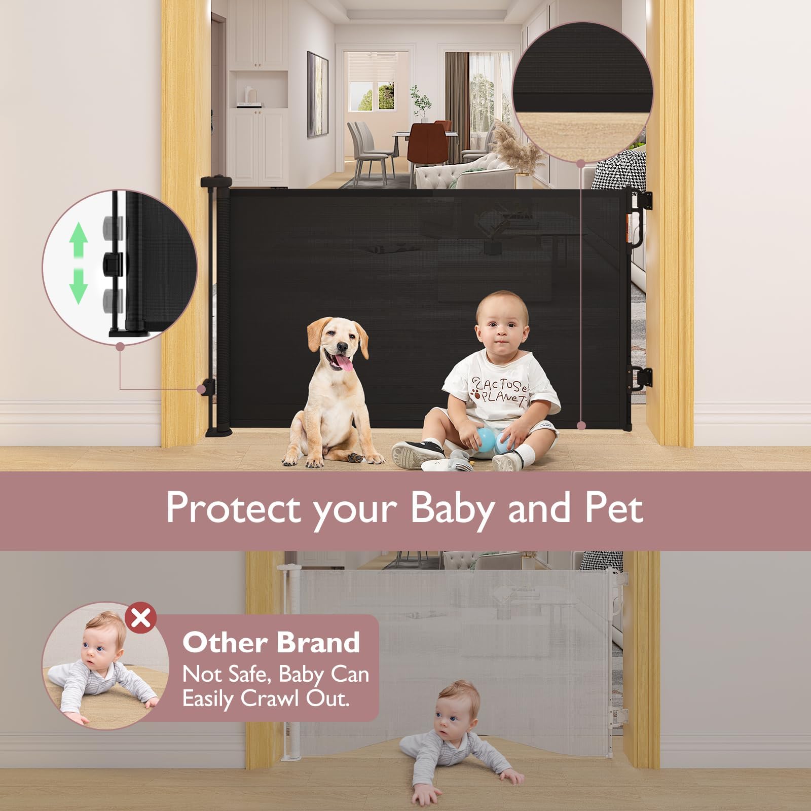 Momcozy Puerta de Escalera Retráctil para Bebé, 33" de Alto, Extiende hasta 55" de Ancho,Diseño Retráctil hacia Arriba y hacia Abajo Puerta de Malla para Perros para Interior/Exterior