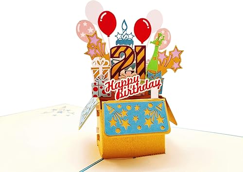 Miniatura 2 de iGifts And Cards Tarjeta de felicitación desplegable 3D con caja de fiesta de cumpleaños número 21 en color azul, impresionante, linda,