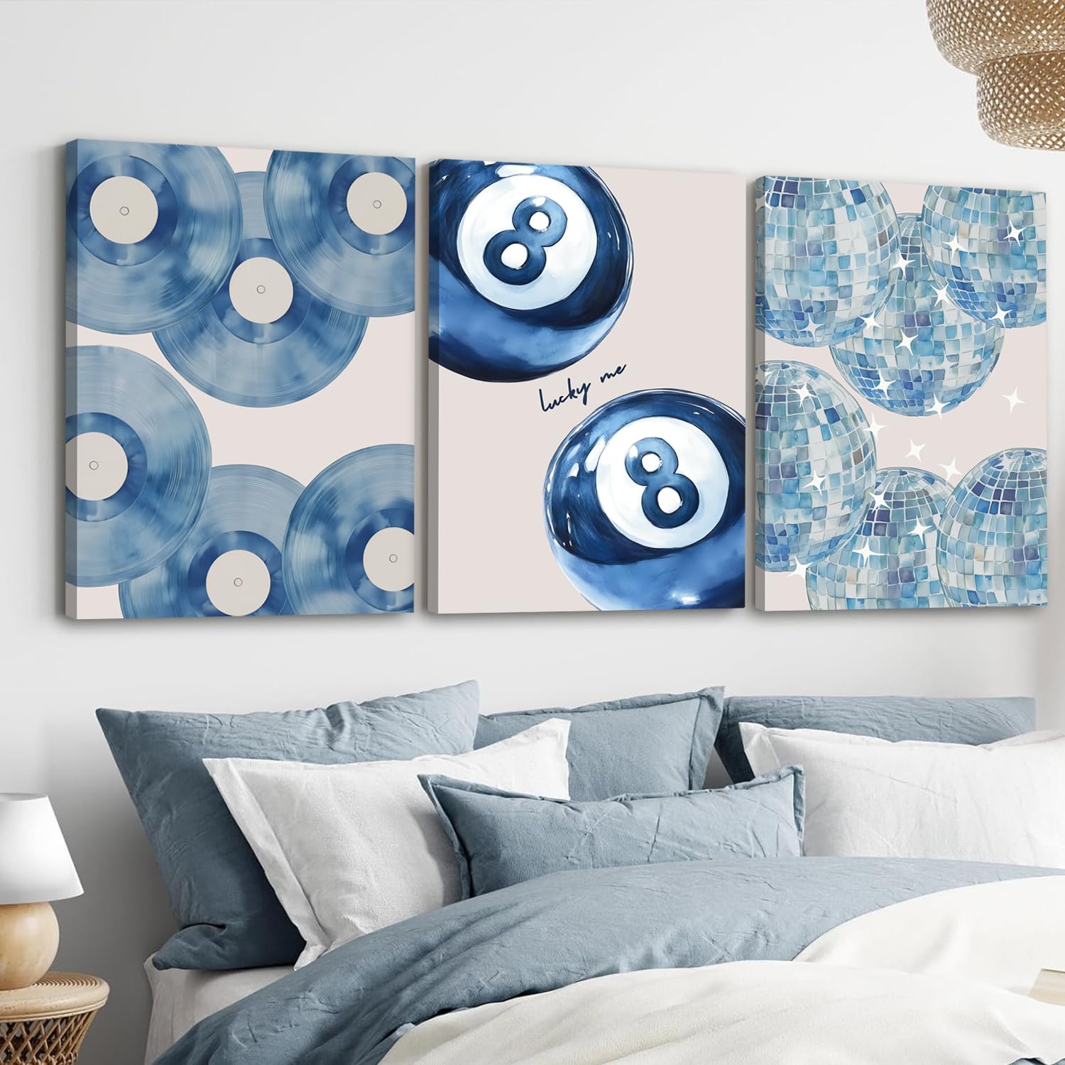 Set di 3 stampe artistiche da parete blu alla moda, motivo coquette, decorazione per la stanza, decorazione estetica per la stanza, blu navy, discoteca, 8 palline, stampa su tela per camera da letto
