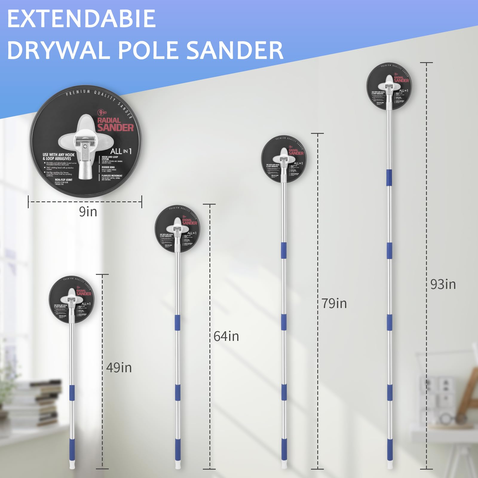 Lijadora de poste para paneles de yeso, lijadora radial de 9 pulgadas con barra de extensión ajustable de 49-90 pulgadas, lijadoras de pared para preparación de pintura, cabezal de lijado circular