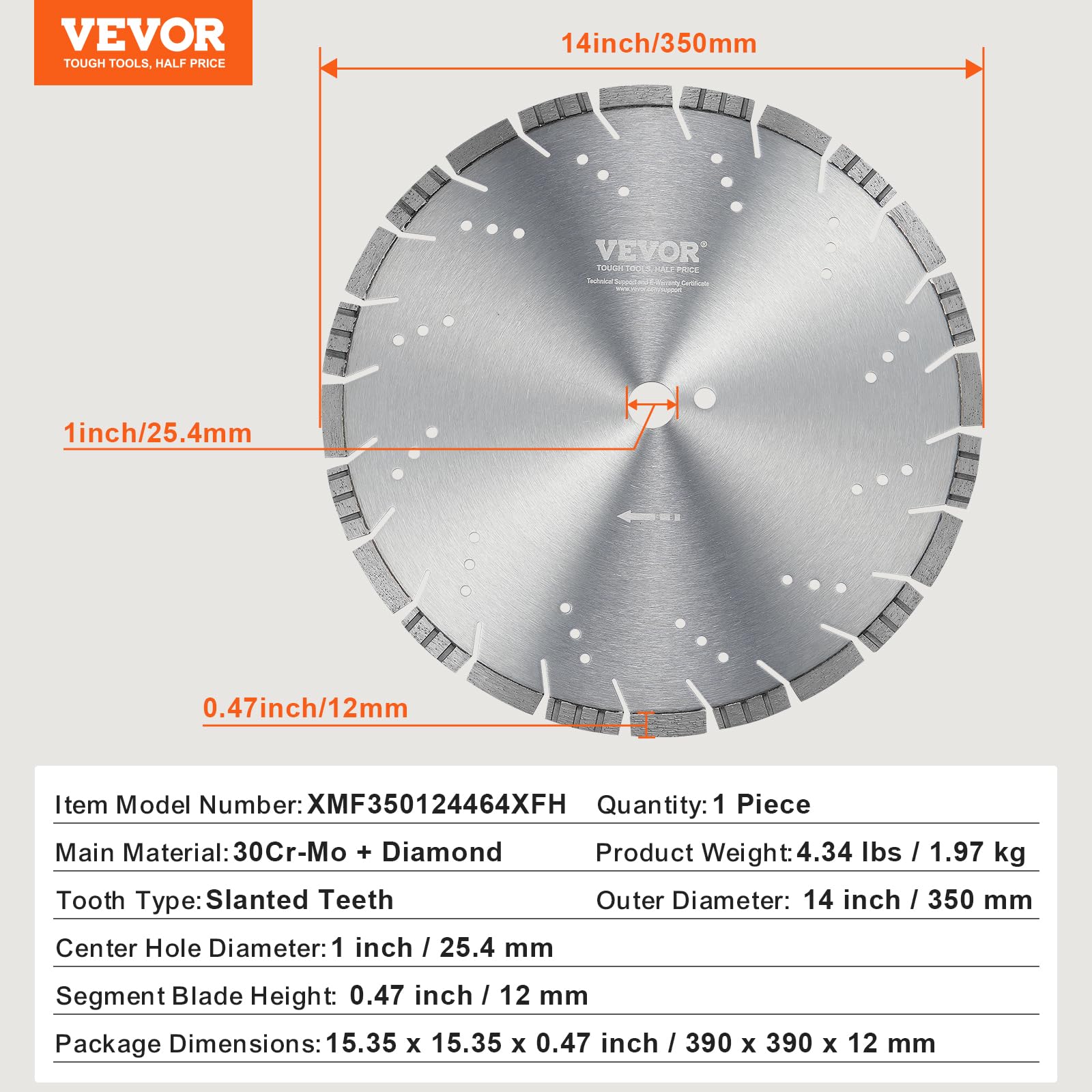 VEVOR Disque à Tronçonner Diamanté 350 mm, Disque Diamant Humide ou Sèche, Lame de Scie à Béton avec Dents Inclinées de 12 mm, Diamètre du Trou Central Universel 25,4 mm, pour Béton, Carrelage, Brique
