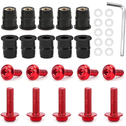10PCS Motorcycle Windshield Bolt Screw Kit, Aluminum Alloy Motorcycle Windshield Mounting Bolts Nuts w/Wrench, Universal Windscreen Body Fasteners Set for Motorbike Fairings (Red)