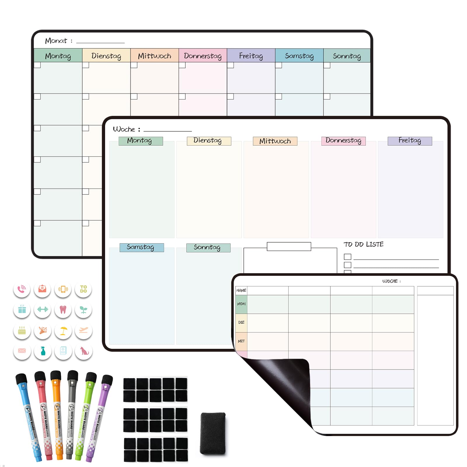 MCCORL Magnetisch Wochenplaner+Monatsplaner+Essenplaner/Familienplaner abwischbar, Magnettafeln für Kühlschrank,perfect als Haushaltsplaner und Aufgabenplaner (3 Stücke)