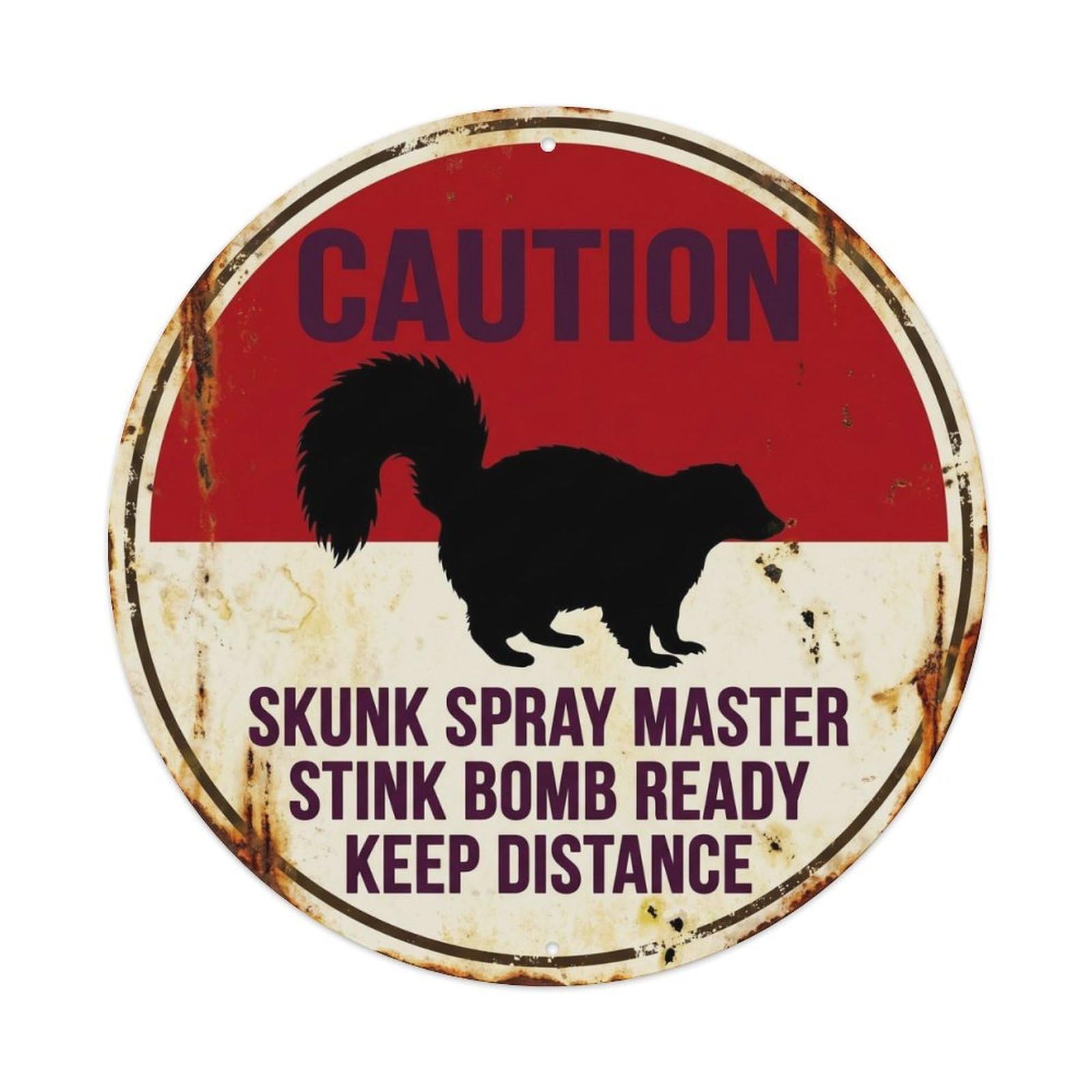 Retro Skunk Spray Defense Wildlife Hazard Label Safety Metal Tin Sign Plaque Wall Decor for Cafe, Man Cave, Club Bar, Office, Home Garden Round Metal Poster 8x8Inch