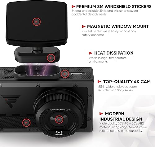 Miniatura 5 de F701 Dash Cam 4K frontal 3840x2160 UHD, GPS integrado, grabadora de cámara de tablero de instrumentos gran angular de 135.6 con sensor de nivel