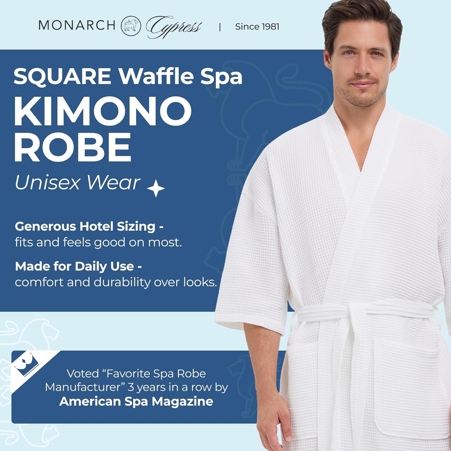 Monarch Unisex Square Waffle Spa Kimono Robe – Soft Lightweight Fabric, Generously Sized Hotel & Spa Robe with Pockets - Image 2
