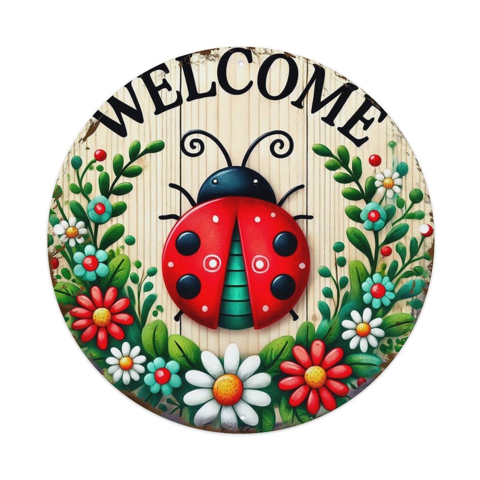 Ladybug Flowers Welcome Sign Art Vintage Round Tin Sign Retro Metal Wall Decor Metal Poster, Home Bar Garage Cafe Wall Art Decoration 8x8Inches