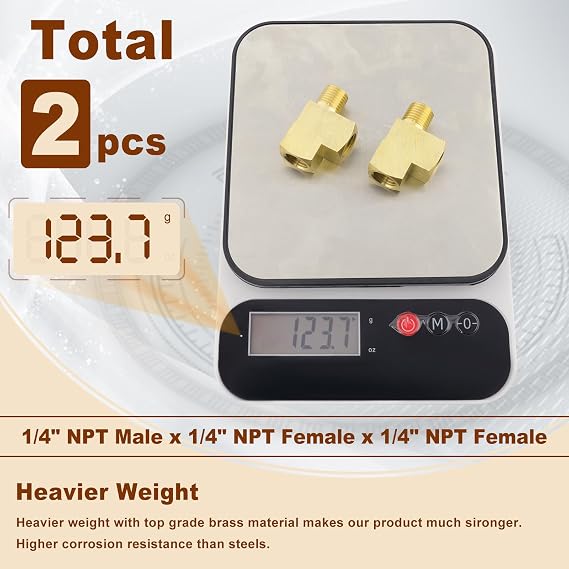 2pcs 1/4 Brass Tee Fittings 1/4 NPT Female Pipe to 1/4 NPT Male to 1/4 NPT Female Brass Barstock Street Tee Pipe Fittings 3 Way for Joining Pipe