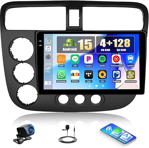 4+128G Android 15 Radio estéreo para coche para Honda Civic 2001-2005 con CarPlay inalámbrico y Android Auto, pantalla táctil IPS de 9 pulgadas,