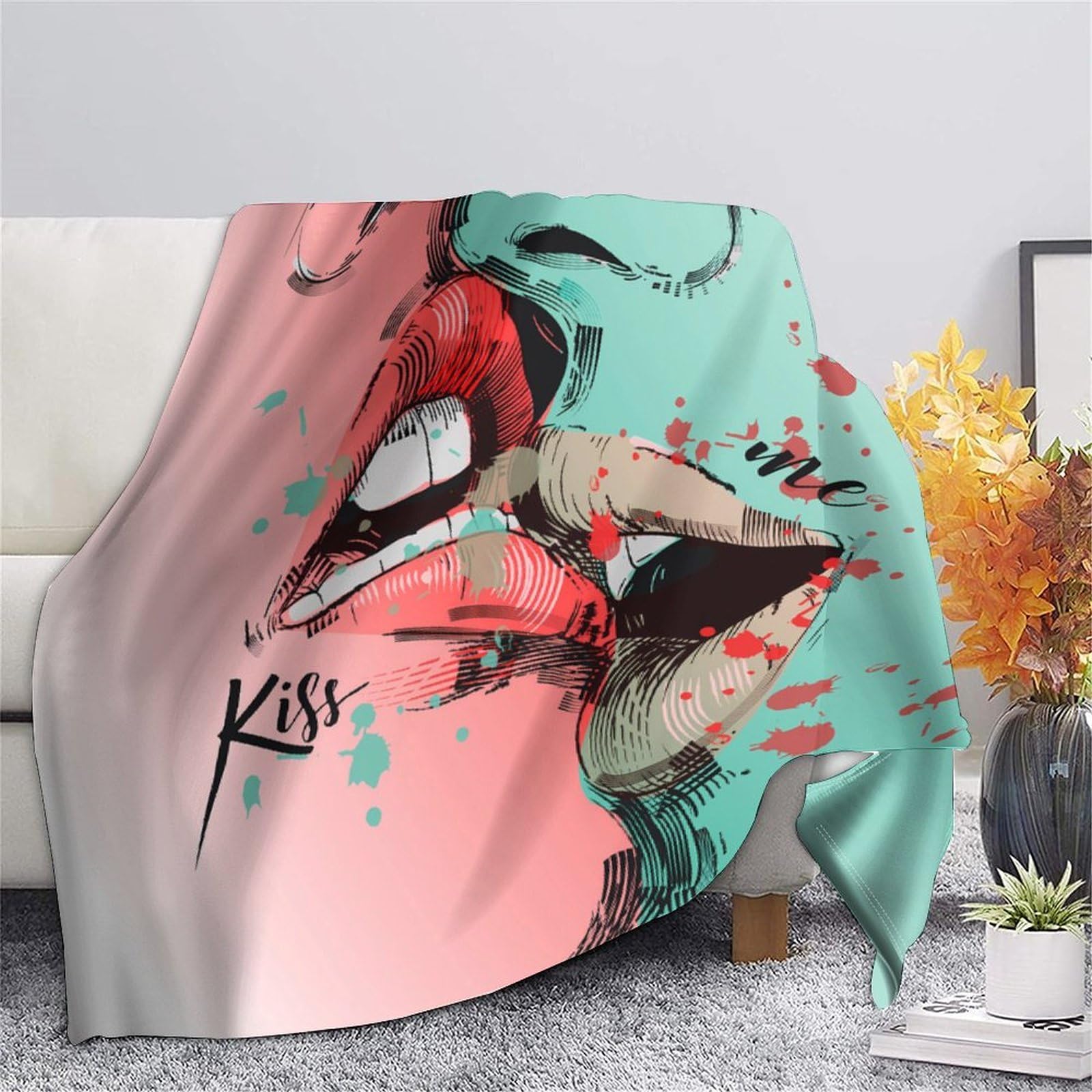 stampa 3D kiss arte coperta da viaggio microfibra biancheria da letto anti-pilling coperta da viaggio compatta per regali per viaggiatori Stylized pop 70×80inch(180x200cm)