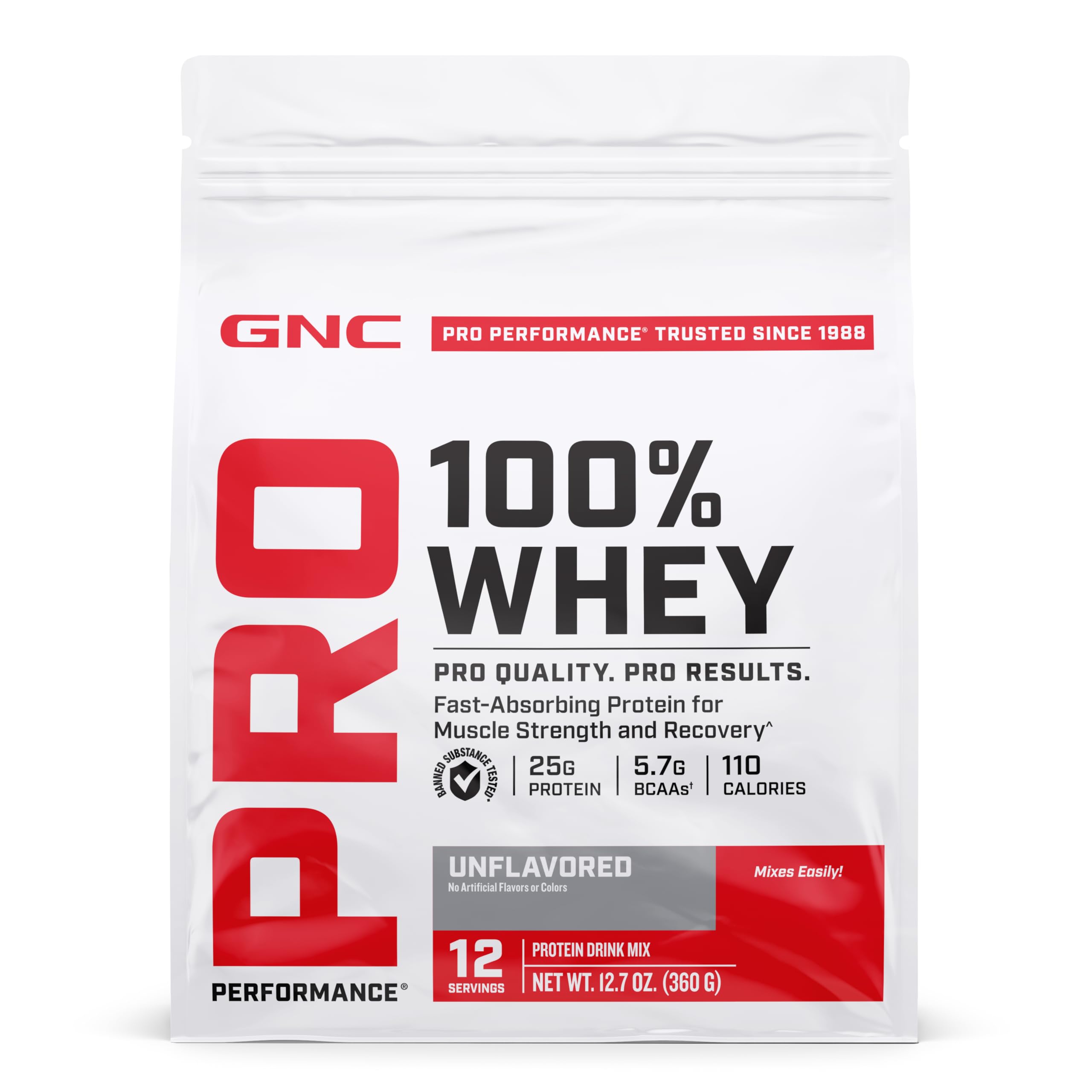 GNC Pro Performance 100% Whey 2.0 — Whey protein sem sabor, 25 g por porção, 12 porções, 356 g