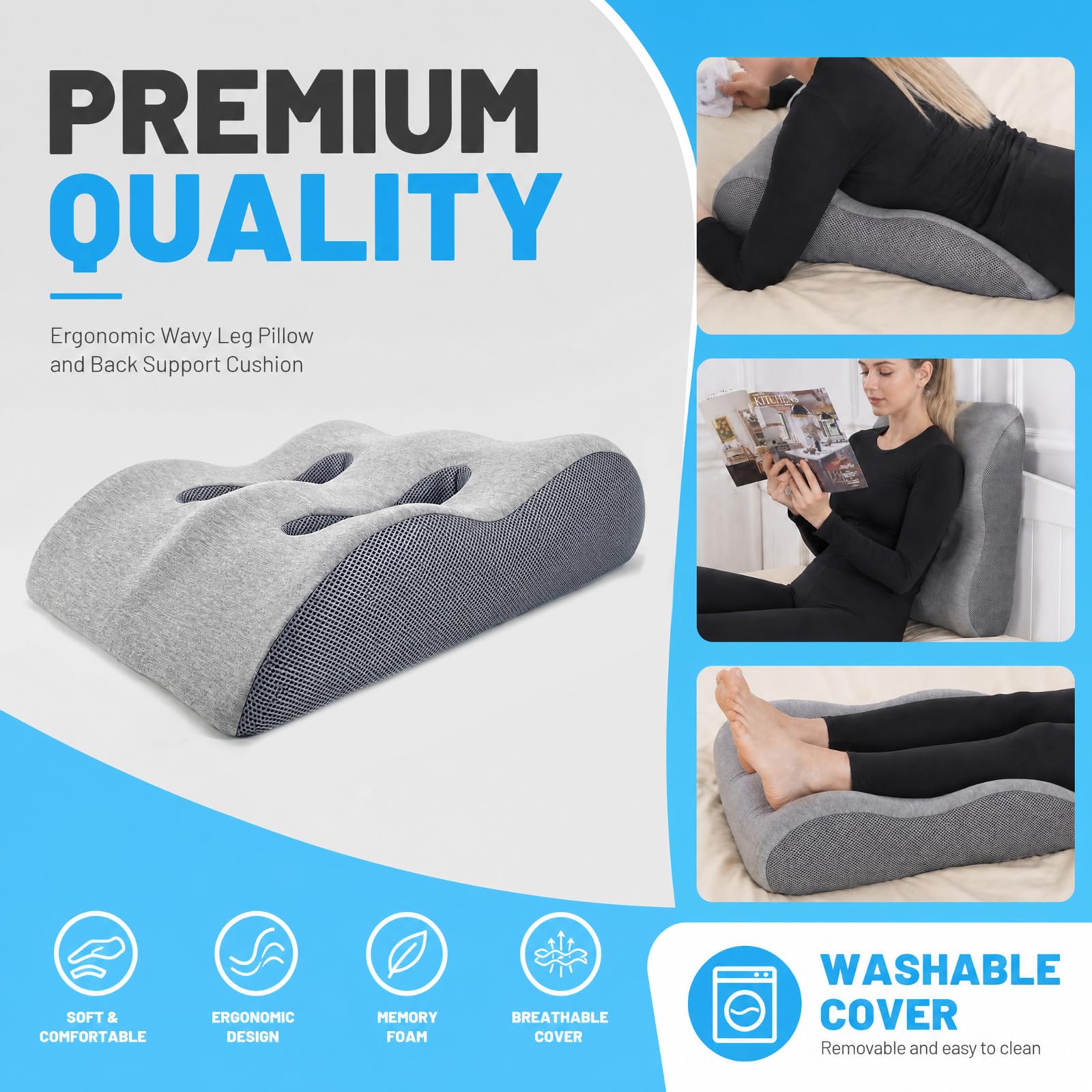 Venenkissen Beinhochlagerungskissen, Kissen Beine Hochlagern Memory-Schaum, Beinkissen Ergonomisches zur Förderung der Durchblutung (Hellgrau, 54 * 43 * 15CM)