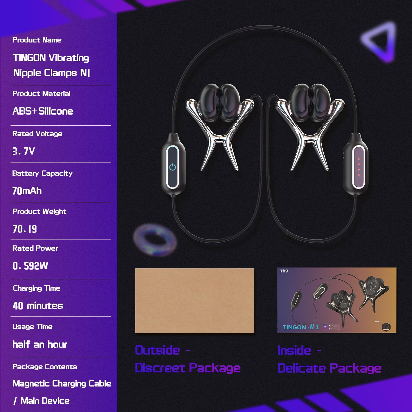 TINGON Pinza per capezzoli per uomini e donne, sex toy dal design a auricolare nascosto con controllo remoto tramite app, set di vibratori BDSM a 12 modalità per la stimolazione di capezzoli, lobi del