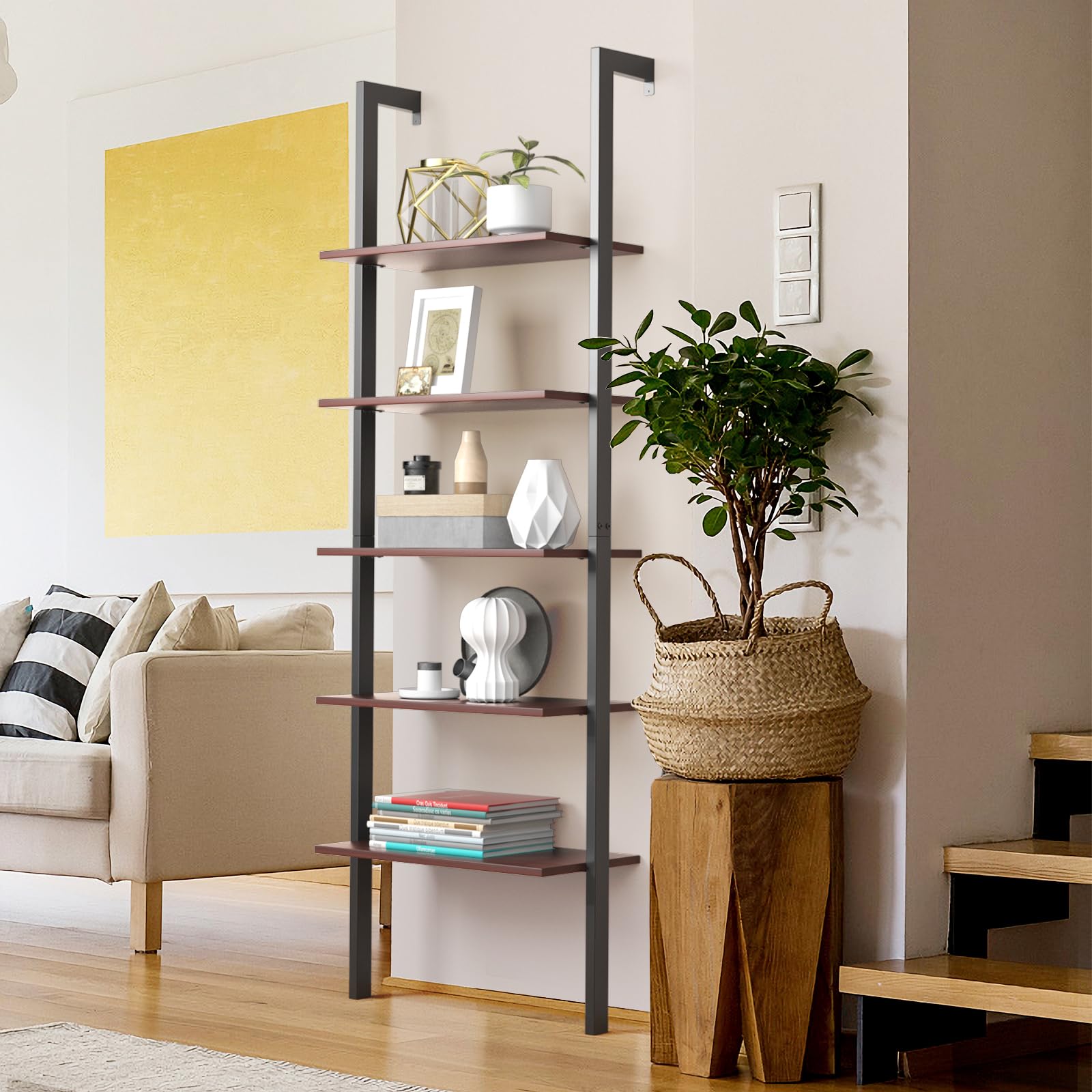 HOMASIS Estantería Escalera con 5 Niveles, librería de Pared con Estructura de Metal, estantes de Almacenamiento, Moderna estantería de pie, para Oficina en casa, salón, 60 x 30 x 180 cm (Marrón)