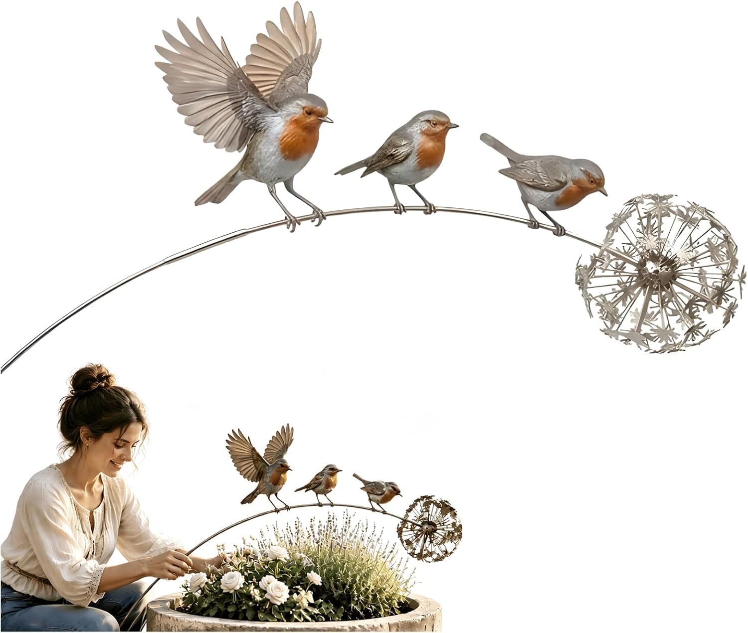Robin Garden Stake,Weather Resistant Rustic Outdoor Decor With Robin & Dandelion, Metal Robins Bird Garden Sculpture, For Lawn Patio Flower Bed And Backyard, Memorial Gift, Garden Ornaments (1pcs)