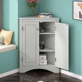 Corner Storage Cabinet with Two Doors for Bathroom, Living Room or Kitchen, Adjustable Shelf, Freestanding Floor Space Saver, Gray
