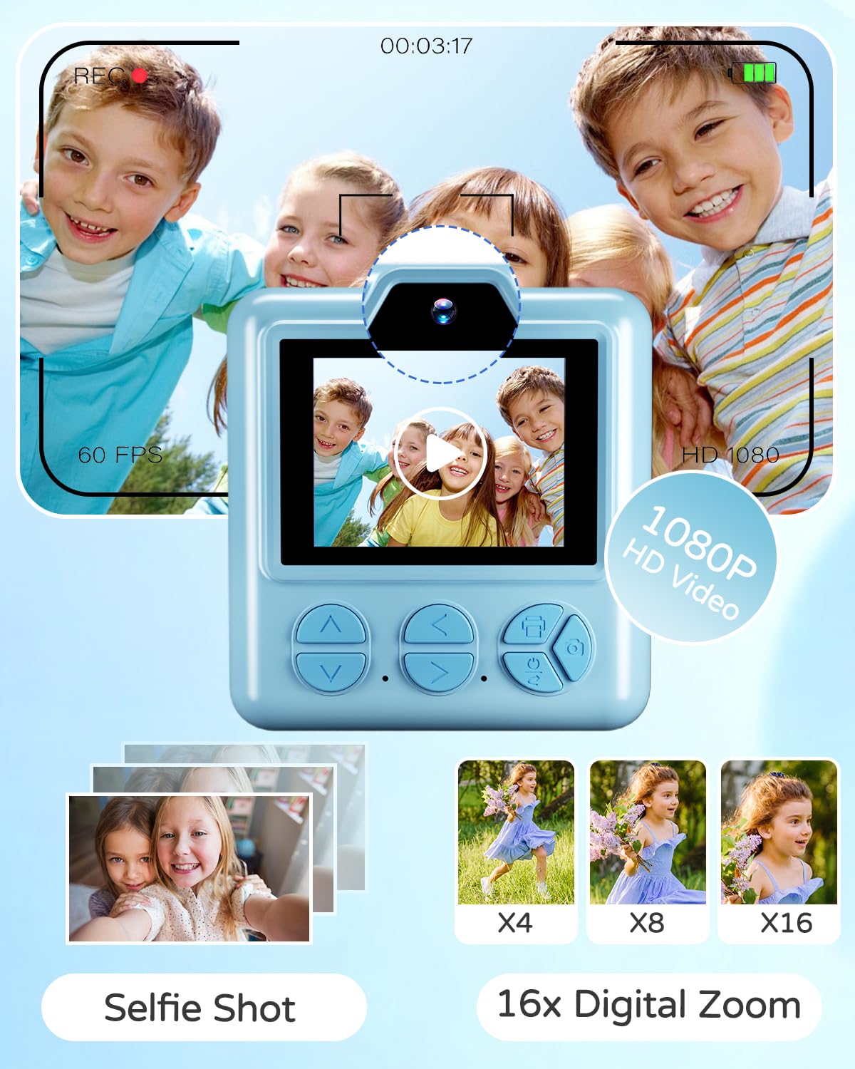 Kids Instant Print Camera, Dual-Lens Digital Video Camera with 32GB SD Card, 5-Color Paper, Portable Carry Case, Christmas Birthday Gift for Boys Girls Ages 3-12