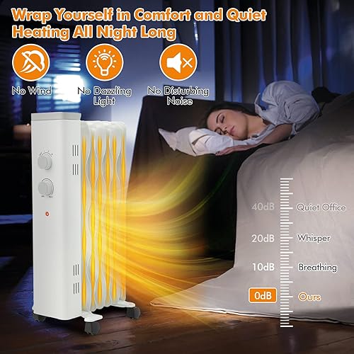 Miniatura 6 de PETSITE Calentador de radiador lleno de aceite de 1500 W, calentador eléctrico portátil con termostato ajustable, 3 ajustes de calor, protección