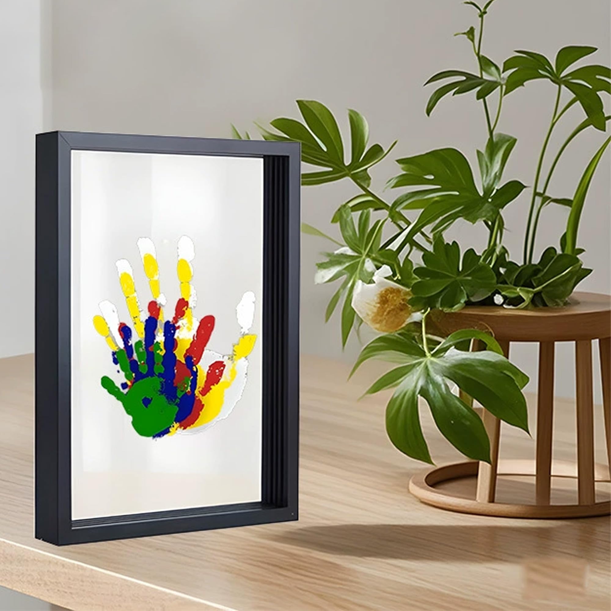QSLKI Kit di Impronte di Mani per Famiglia, Nero, Cornice Impronta Mani e Piedi Neonati con Spazio, Kit di Impronte Delle Mani dei Membri Della Famiglia, 4 Deflettori, 6 Vernici, Stampa di Zampe