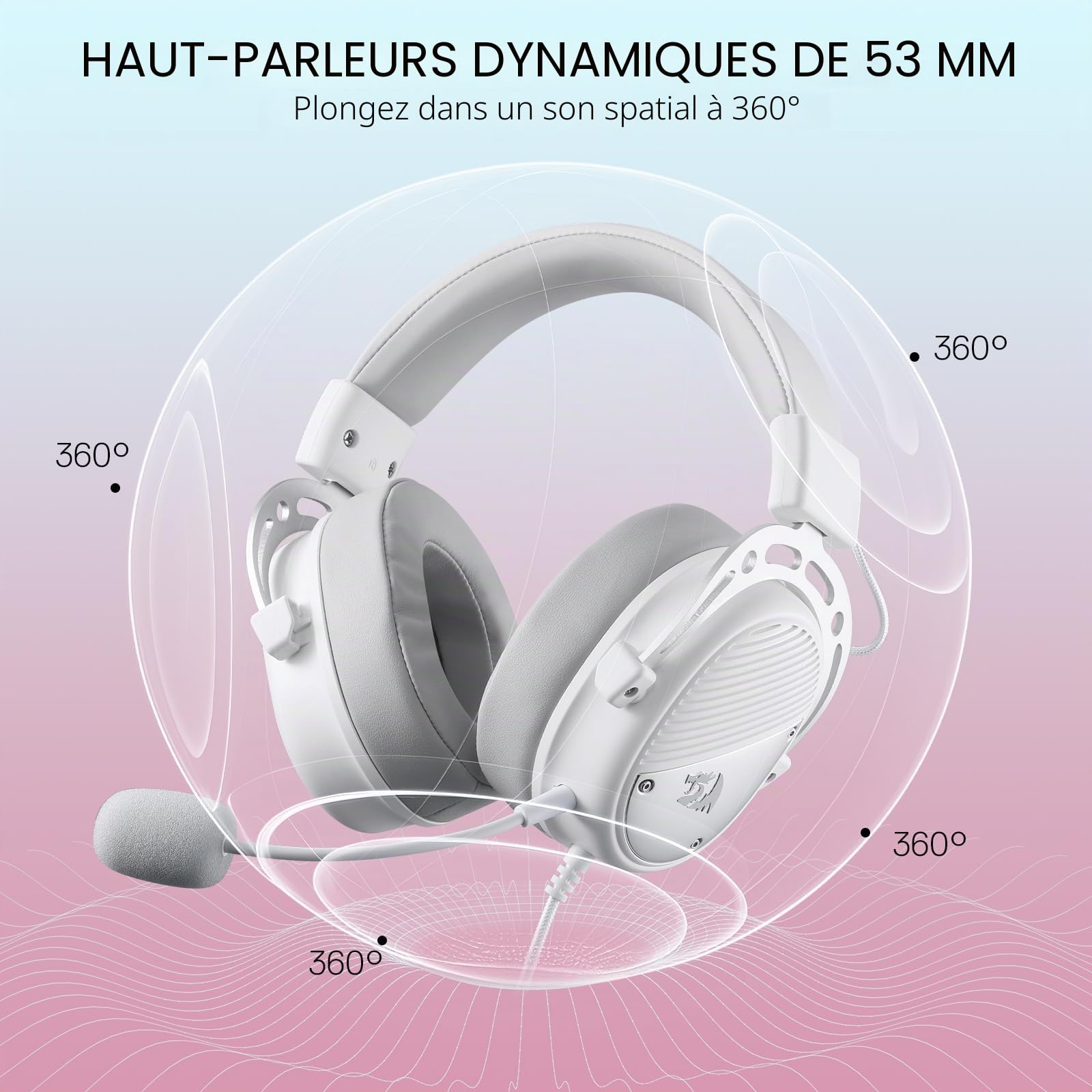 Redragon H730 Casque Gamer Filaire USB 53mm Son 360 Micro Detachable Blanc | Casque gamer filaire USB pilotes 53mm son 360 micro anti bruit detachable coussinets magnetiques blanc pour PC PS4 PS5