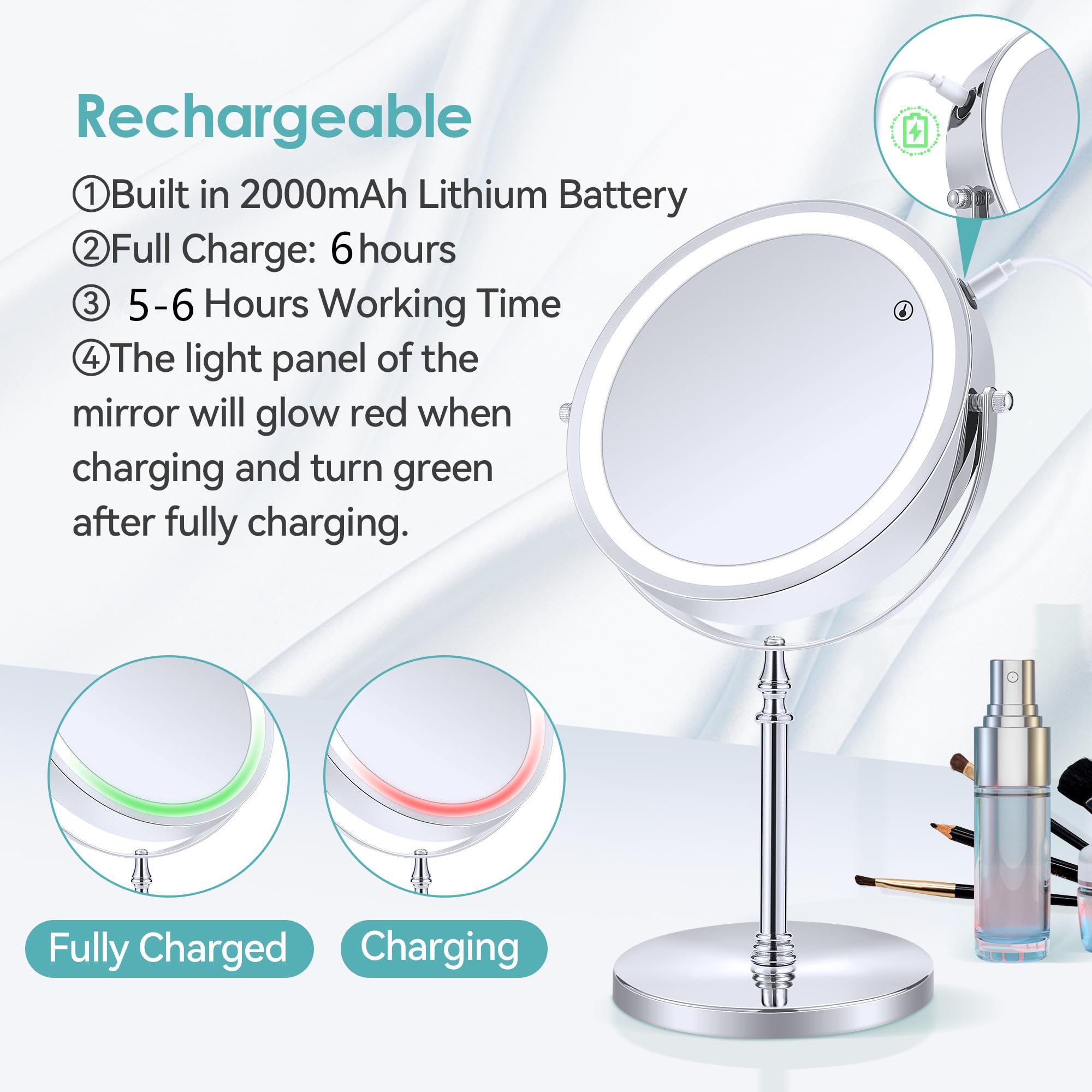 B Beauty Planet Magnifying Mirror with Light,8 inch Rechargeable 1X/20X Double Sided Magnifying Lighted Makeup Mirror,Dimmable Led Vanity Mirror with 3 Color Lighting Modes - Image 4