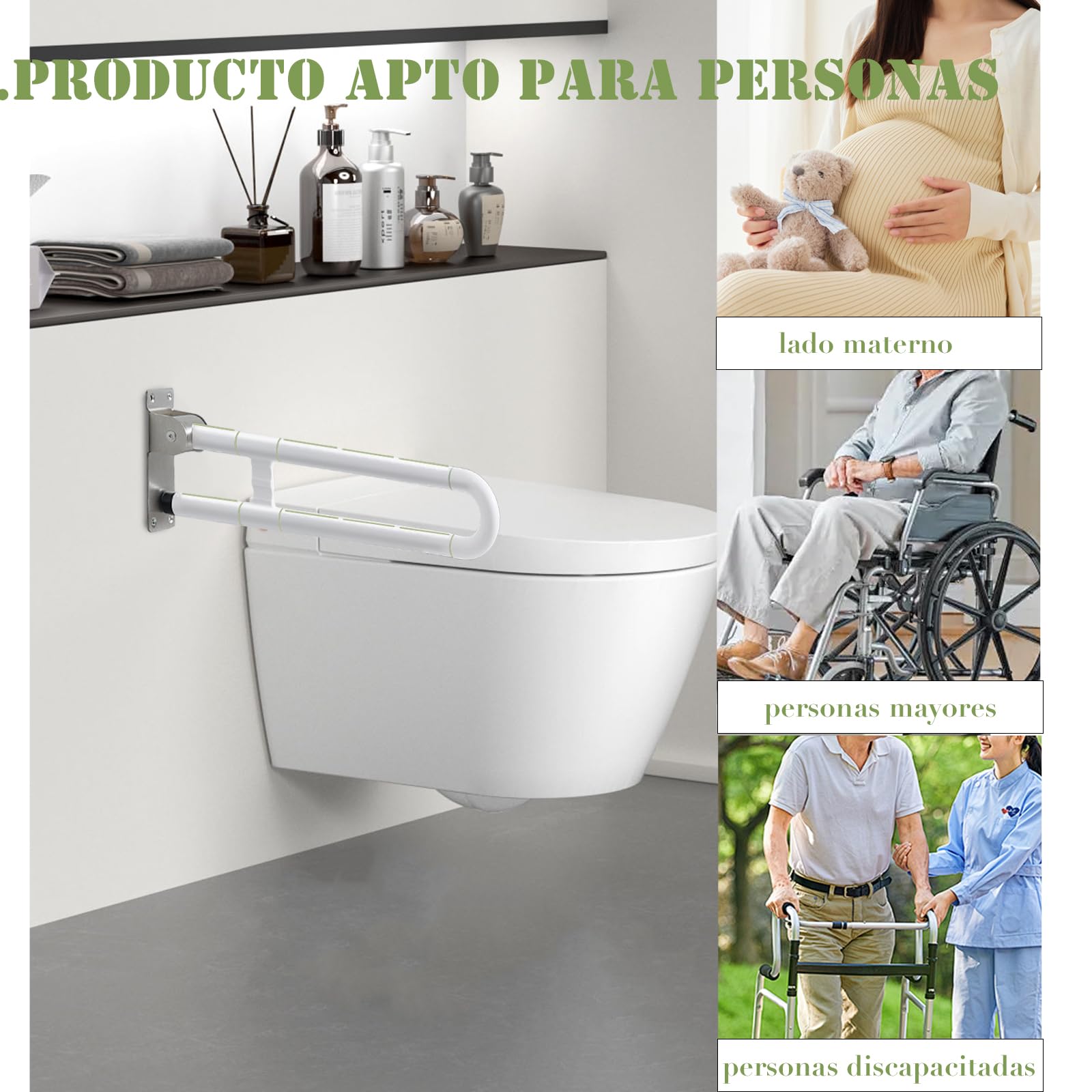 Tirador de soporte de pared para inodoro, 60 cm, para personas mayores, discapacitados, asa de soporte de pared plegable, ayuda para levantarse, asas antideslizantes para personas mayores (blanco）