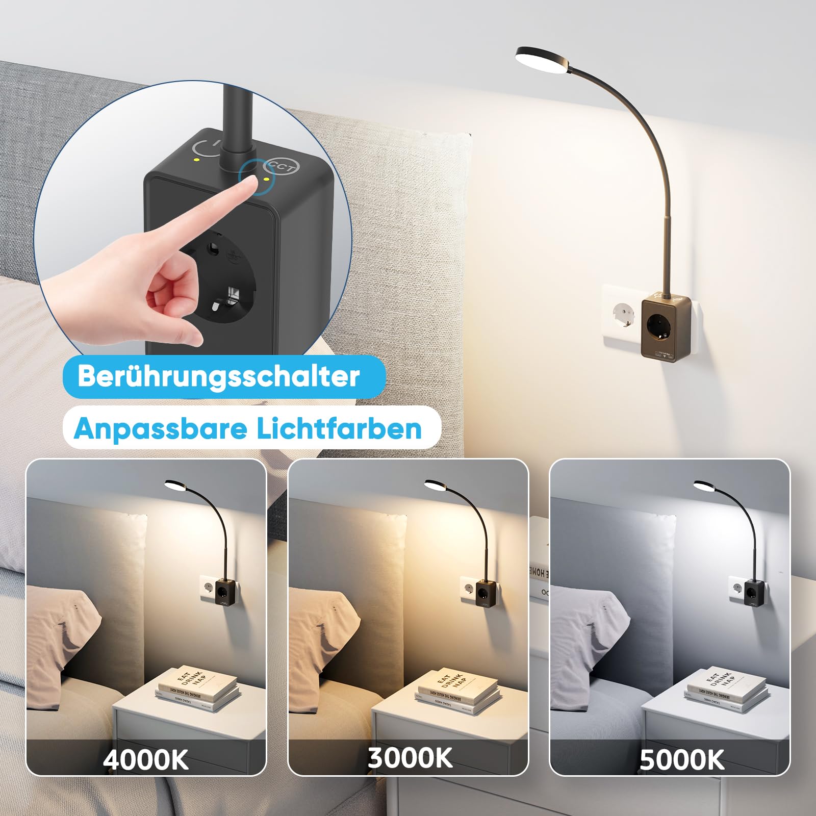 LED Wand Leselampe Bett Schwanenhals Dimmbar Schwarz Innen mit Stecker, Steckdose und USB Anschluss, 2er Pack Steckdosenlampen LED, Zwei Berührungsschalter, 3er Lichtfarben Modi