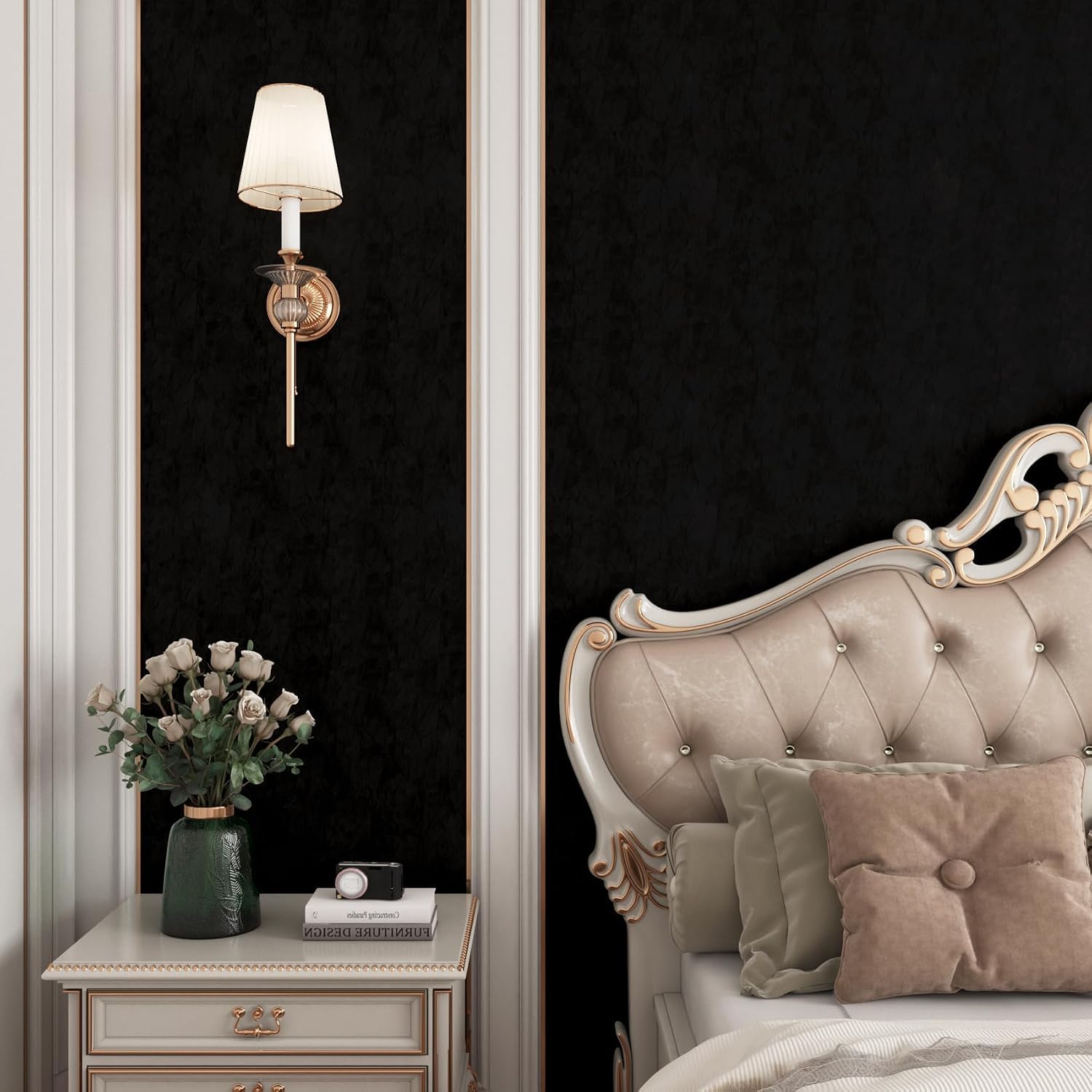 YENHOME 17.7"X200" Black Wallpaper Peel and Stick Black Felt Fabric Self Adhesive Wallpaper Textured Wall Paper Velvet Flocking Fabric Removable Wall Paper for Bedroom Living Room