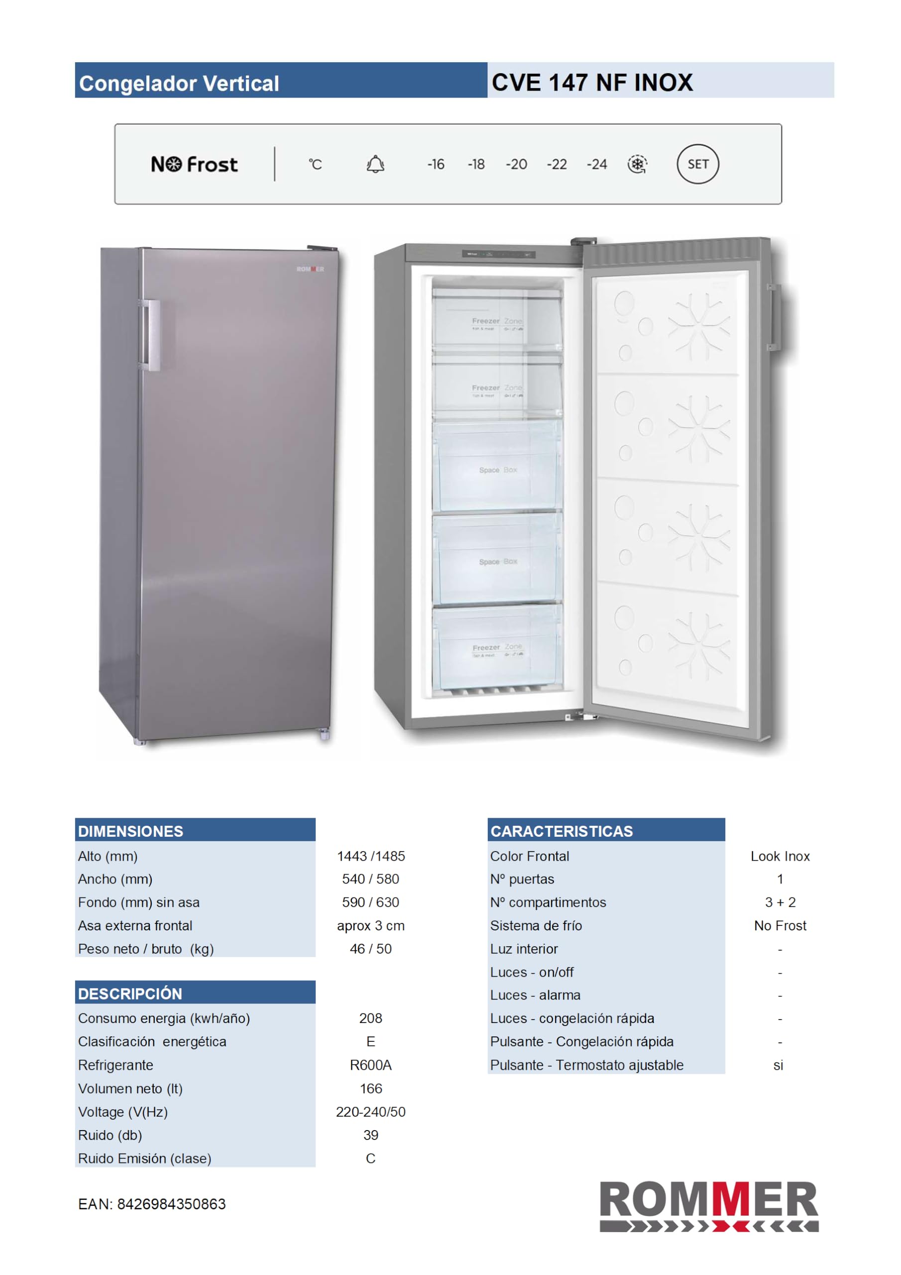 Congelador vertical Rommer CVE 147 NF INOX, capacidad 166 litros, No Frost, eficiencia energética clase E