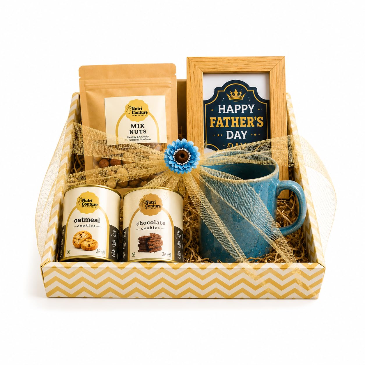 Nutri Couture Father's Day Luxury Healthy Gift Hamper | Baked Bhujia + Cookie Jar + Millets Bhel + Energy Bars + Ceramic Mug + Photo Frame | Premium Cardboard Tray | Ultimate Dad Gift | 7-in-1-image-4