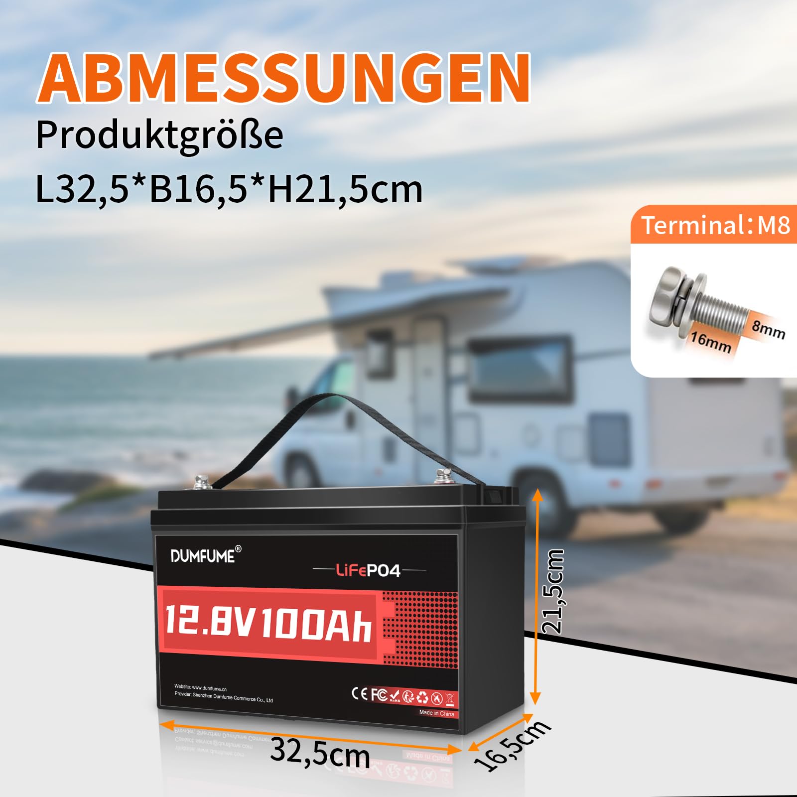 Dumfume Batteria al Litio 12V 100Ah LiFePO4 (1,28kWh) - Gruppo 24, BMS 100A, 15.000 Cicli, Alta Densità Energetica - Per Camper, Solare e Applicazioni Off-Grid