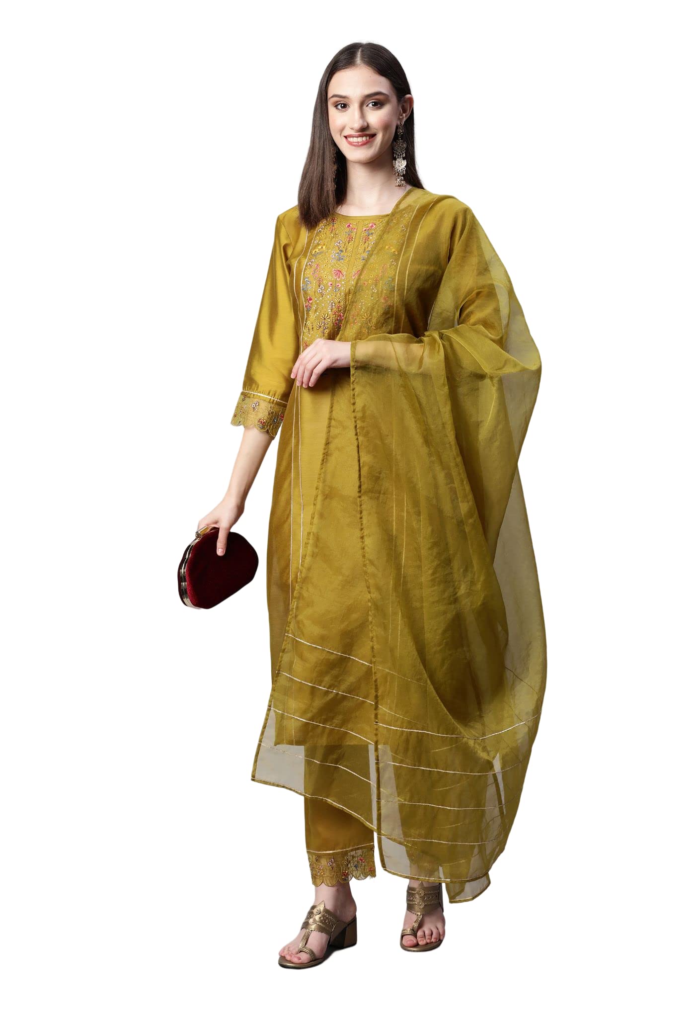 SheWillSilk Sequence Embroidered Gota Work Kurta Pant with Organza Dupatta, Regular Streight Kurta Set With Dupatta For Women