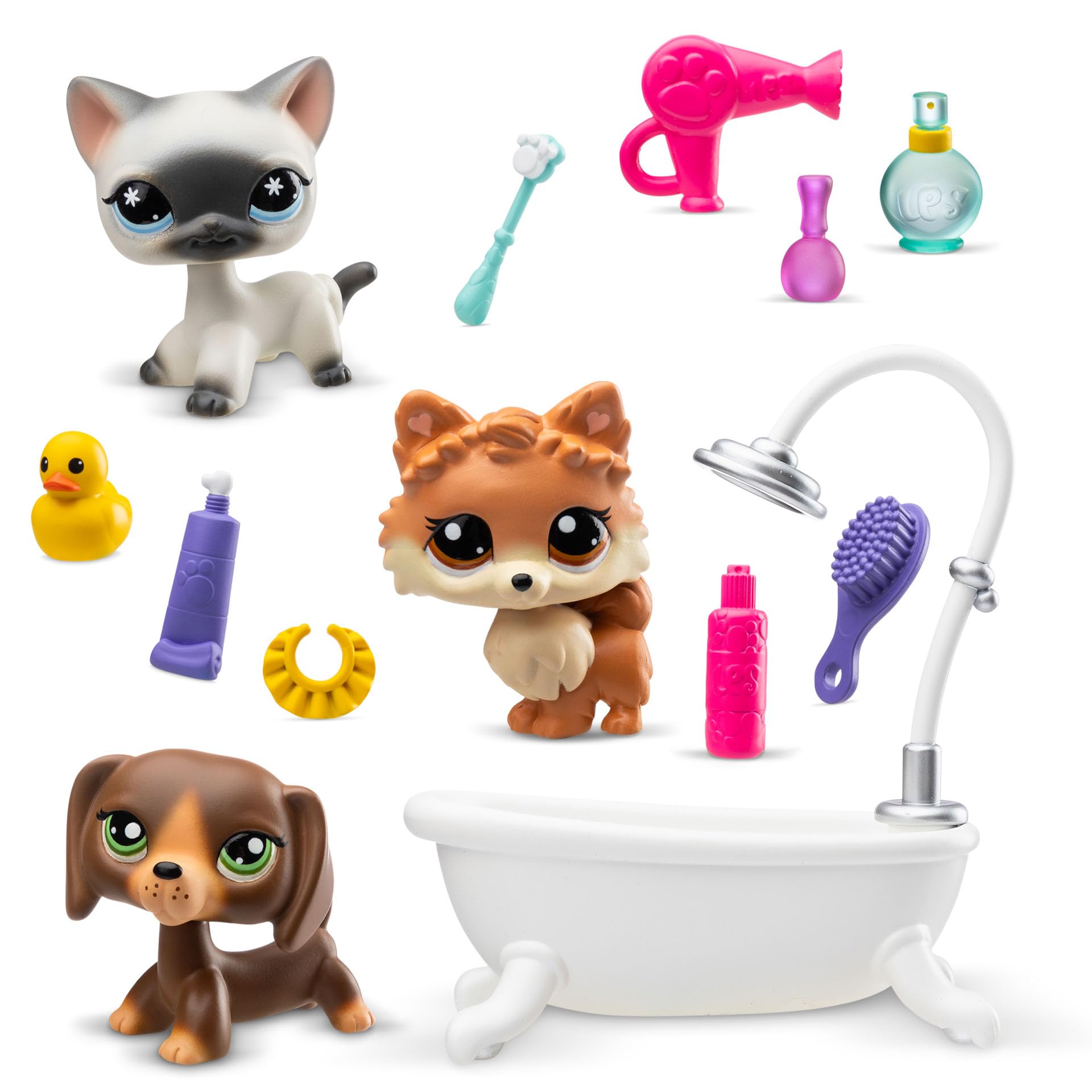 BANDAI - Littlest Pet Shop - DÍA DE SPA BF00638, 3 Mascotas, 10 Accesorios, 1 Tarjeta de coleccionista, 1 código Virtual, Generación 7 Mascotas 172, 173, 174, Figuras de LPS, a Partir de 4 años