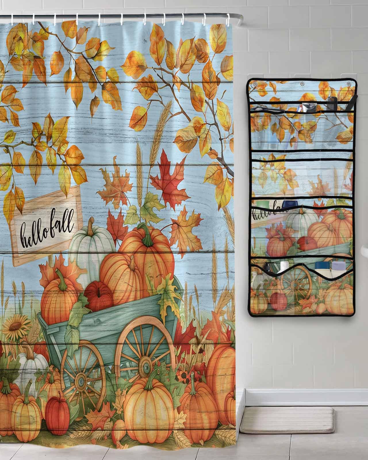 Decorative Shower Curtain Sets Autumn Polyester Fabric Waterproof Shower Curtains Hello Fall Harvest Pumpkin Wood Grain Light Blue