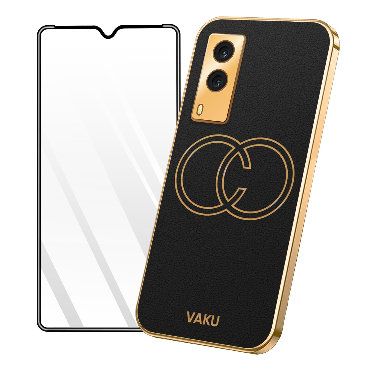 Vaku Luxos® Back Cover with ESD Anti-Static Tempered Glass Screen Protector Combo for Vivo V21e 5G, Skylar Leather Pattern Design Gold Electroplated Soft TPU Case with 9H Shatterproof Screen Guard - Black (B0C7WJT94L) Amazon Price History, Amazon Price Tracker
