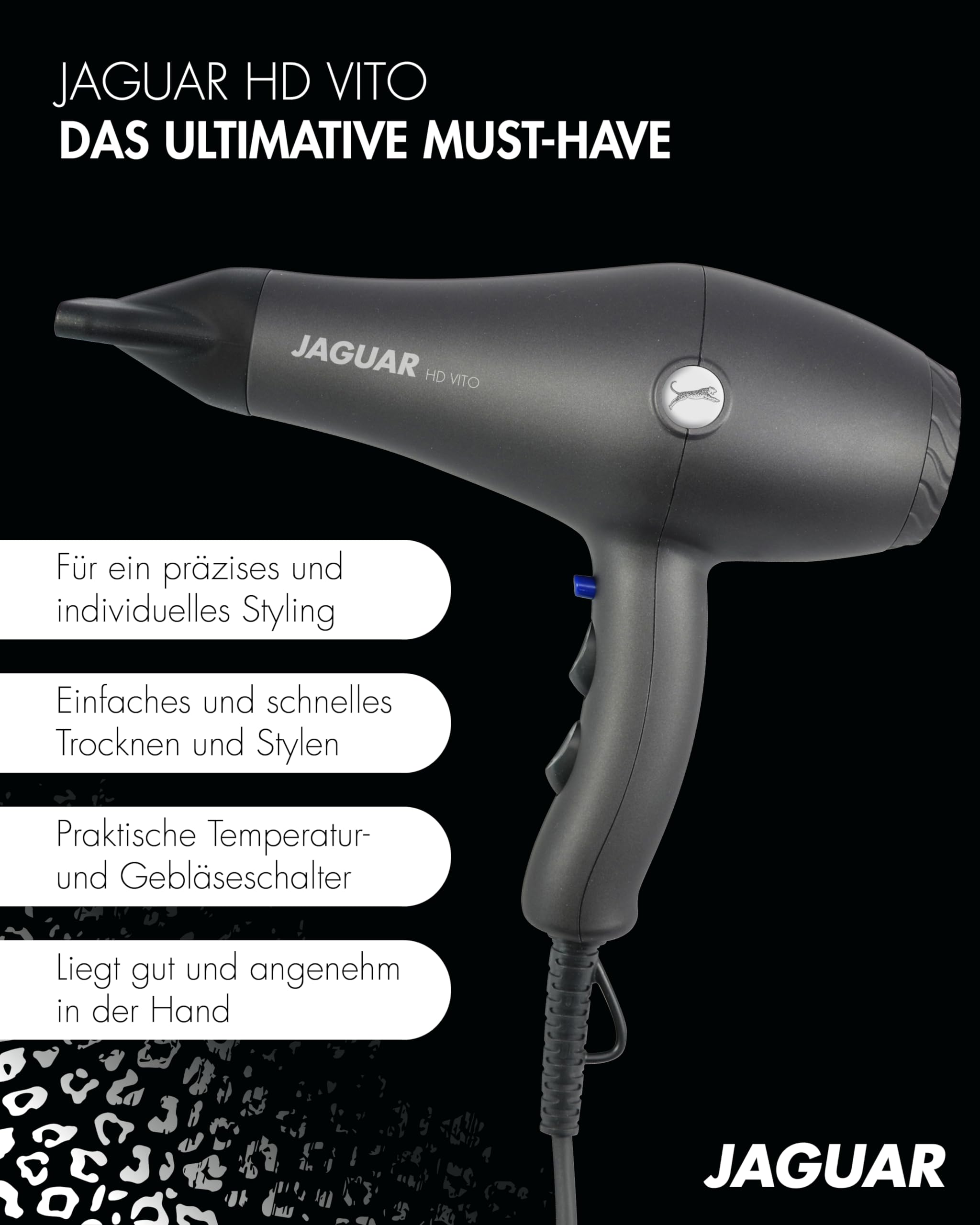 JAGUAR Haartrockner HD VITO | individuelle Heiz- & Gebläseeinstellungen | Profi Föhn | 3 Heizstufen, 2 Gebläsestufen, Sofort-Kalt-Taste | 2,8m langes Kabel | 2 Aufsatzdüsen | Vom Profi für Dich