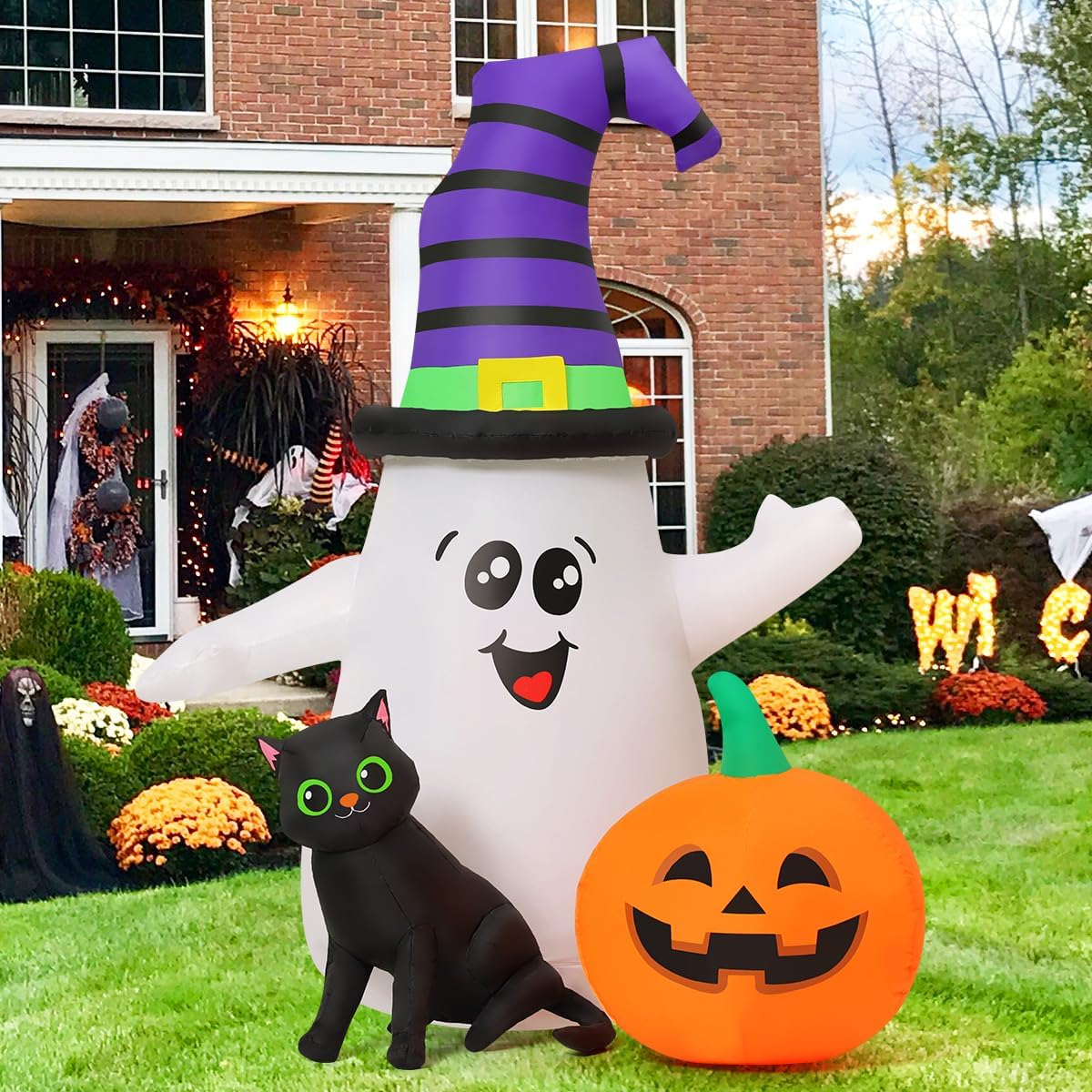 GOOSH 5 FT Halloween Inflatables Ghost Outdoor Decorations Blow Up Yard Cute Wizard Ghost with Pumpkin Black Cat with Built-in LEDs for Garden Lawn Indoor Party Decor