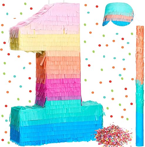 Jenaai Piñata con números de 16 pulgadas para fiesta de cumpleaños de niños, piñata de macarrón con palo y confeti para decoración de unicornio,