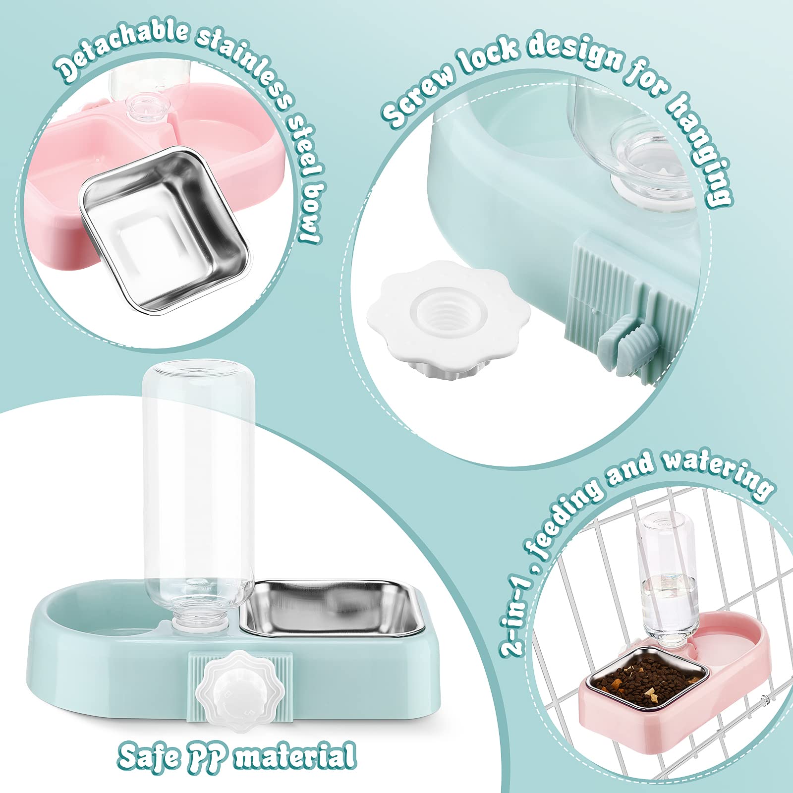 Lot de 2 gamelles doubles pour chien et chat - Gamelle 2 en 1 à suspendre - Gamelle en acier inoxydable amovible et distributeur d'eau automatique pour petit chien, chat, lapin, oiseau