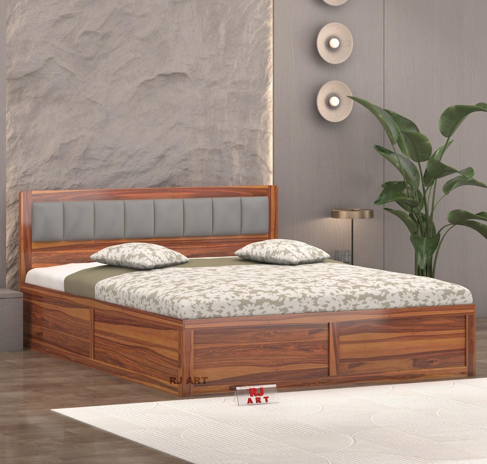 RJ ART Wooden Queen Size Bed with Storage | Double Bed Cot Bed with Box Storage & Upholstered Cushioned Headboard for Bedroom | Sheesham Wood, Teak Finish, Recommended Mattress Size: 78 X 60