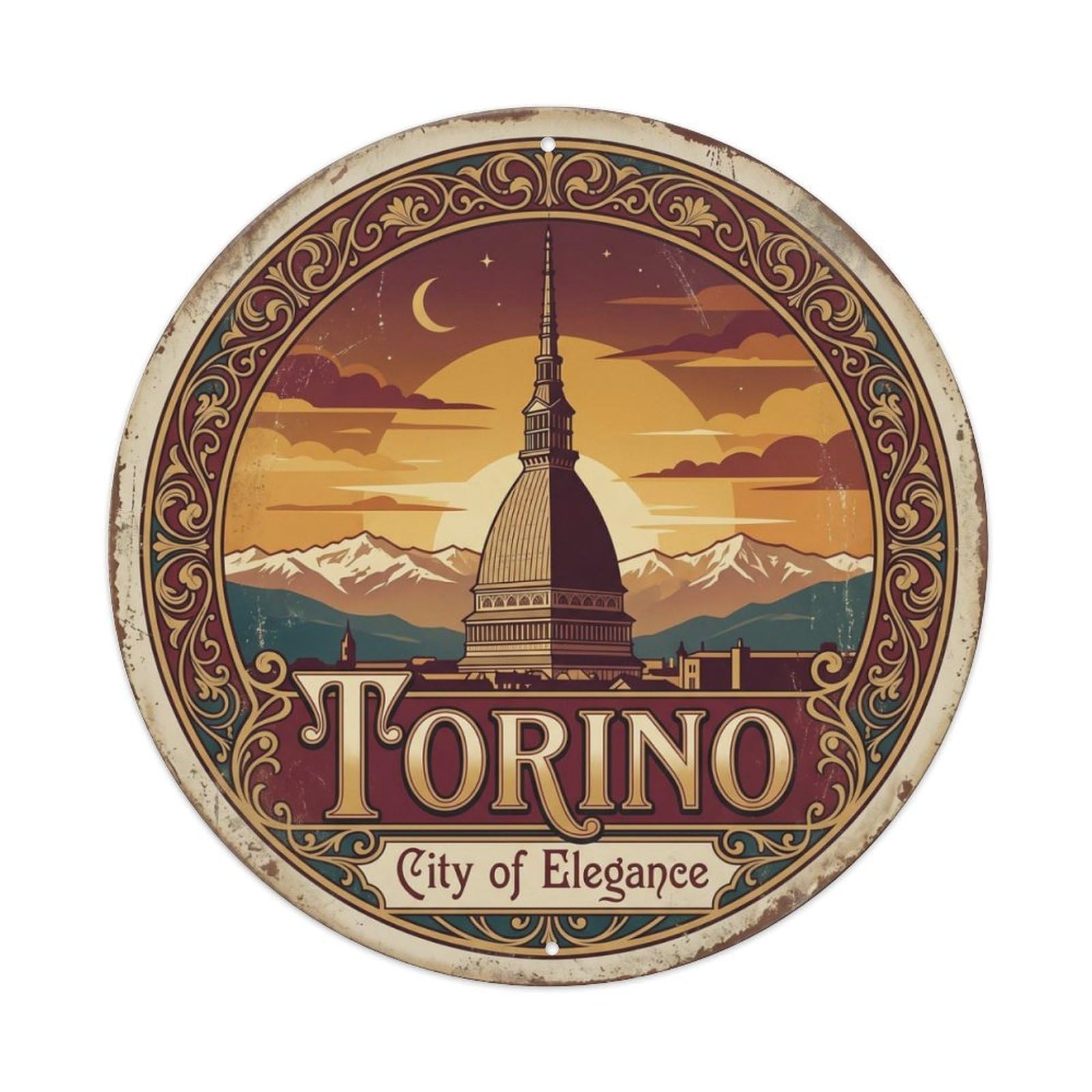 Vintage Travel Torino Tower Italy Metal Tin Sign Plaque Wall Decor for Cafe, Club Bar, Office, Home Garden Round Metal Poster 8x8Inch