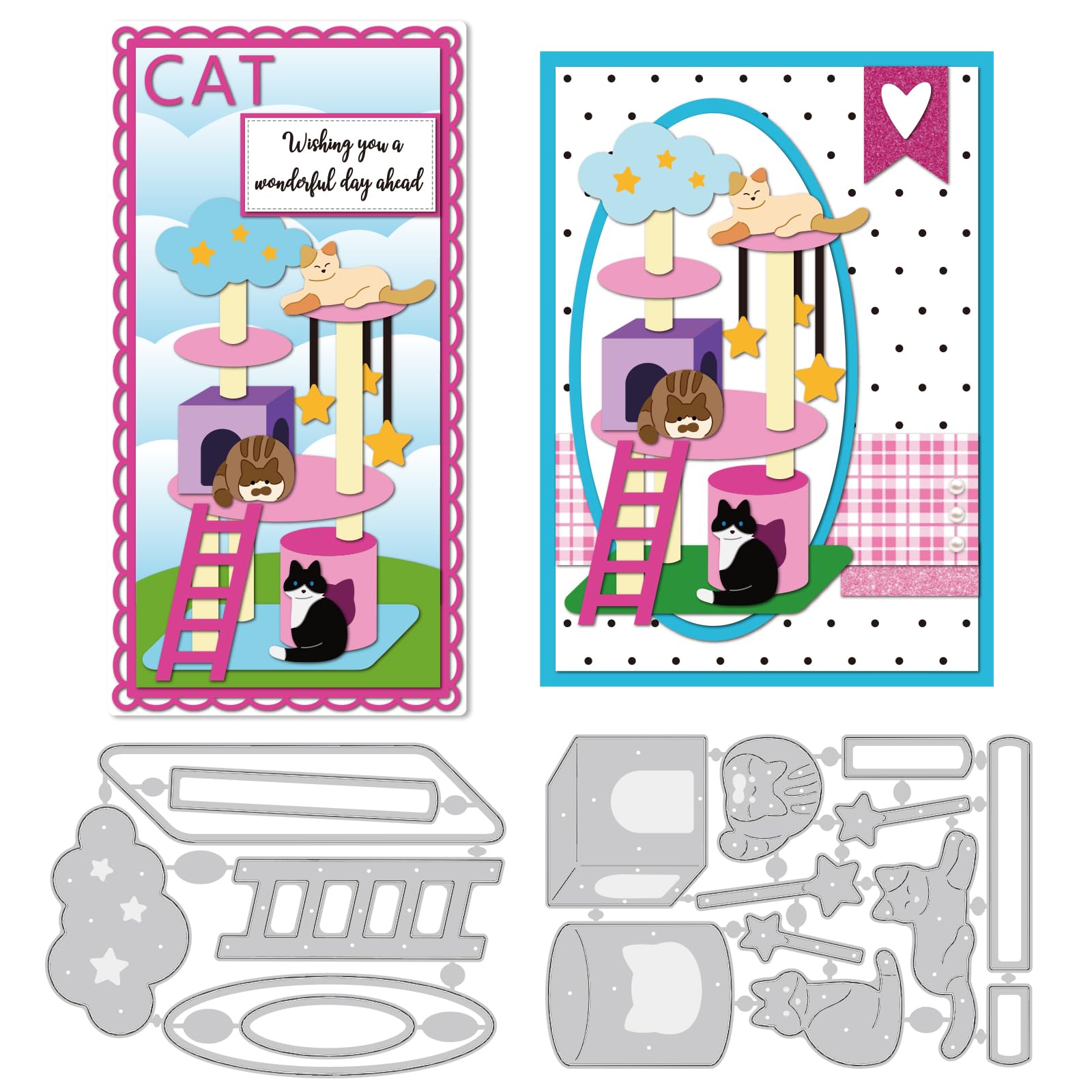INFUNLY 17Pcs Cat Tree Cutting Dies for Card Making 3D Pop Up Carbon Steel Kitten Scrapbooking Dies 3.4x5 Inch/8.6x12.7cm Star Metal Dies Cuts for DIY Crafts Album Decor — image 1