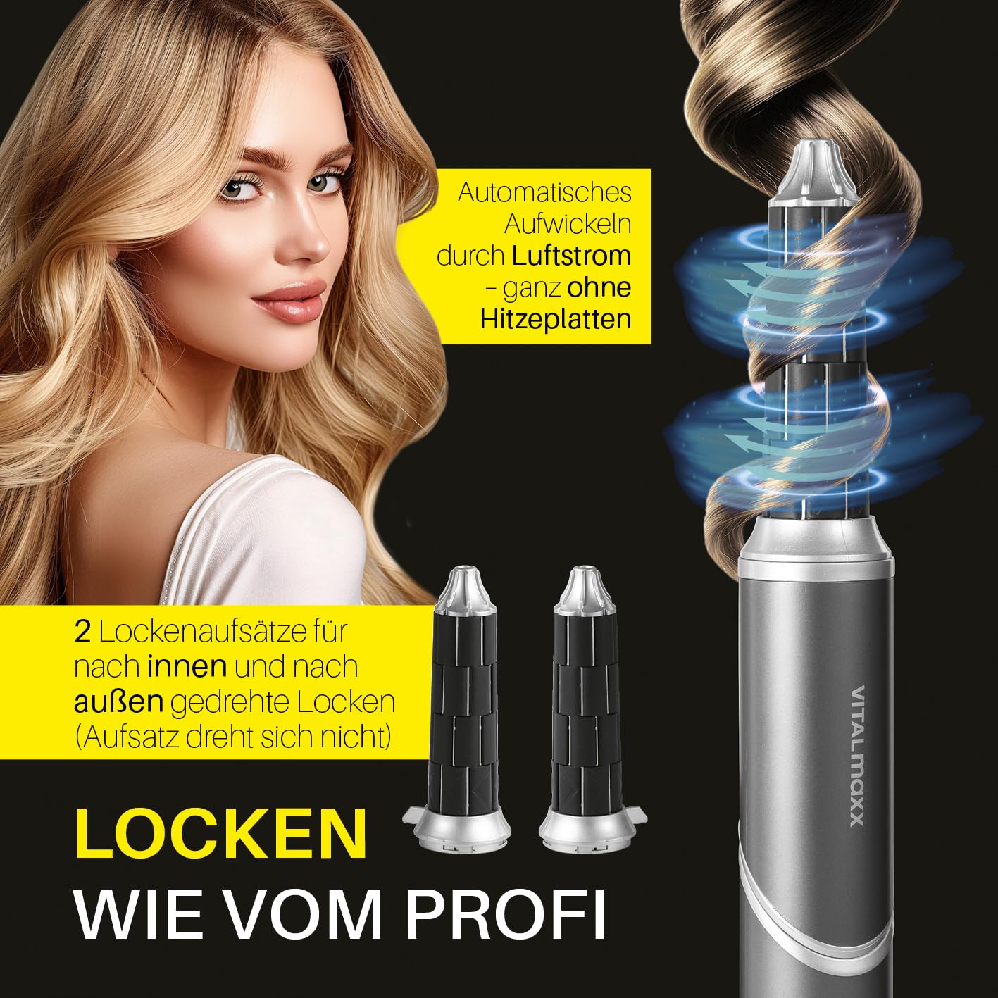 STYLE & SHINE by VITALmaxx Hairstyler Flex, 1500W | Air Curler, Lockenstab & Glätteisen in einem | 5 Aufsätze & 3 Temperaturstufen| ersetzt Lockenwickler | mit Memory-Funktion & 1,8 m Kabel