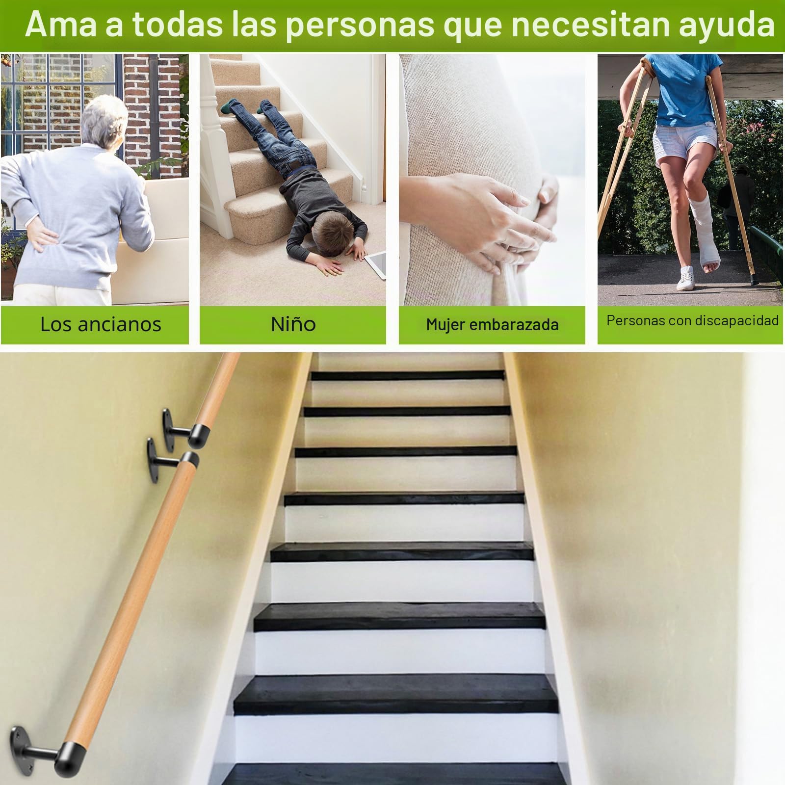 Insaga Pasamanos de madera, barandilla de escalera de 41 cm, barandilla montada en la pared, 3,3 cm, mango redondo antideslizante, barra de agarre de seguridad para interiores y exteriores, agarre de