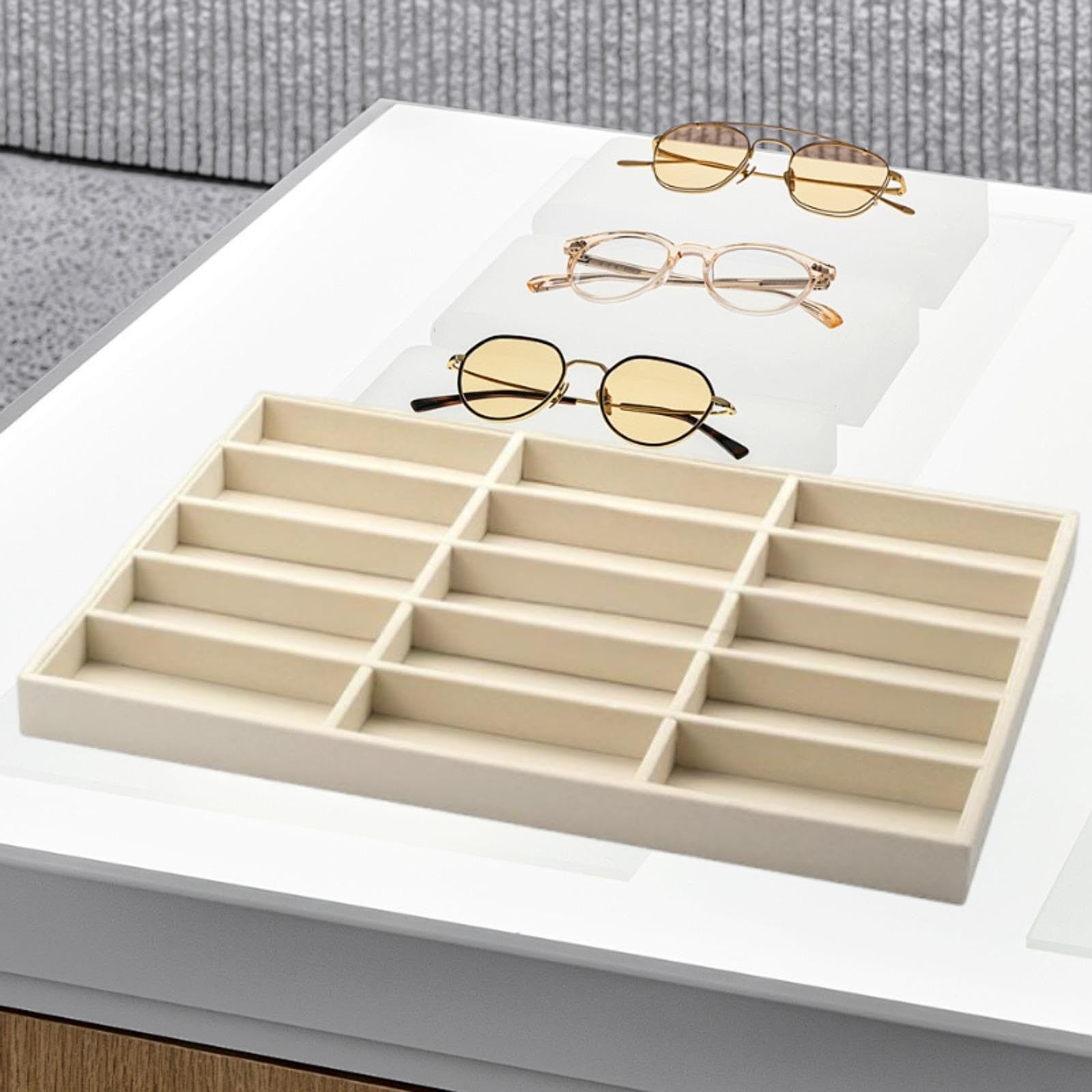 Sharplace Brillenvitrine, Sonnenbrillen-Organizer-Box, multifunktional, stapelbar, 15 Fächer, Brillenhalter, Behälter für Schaufenster, Gelb