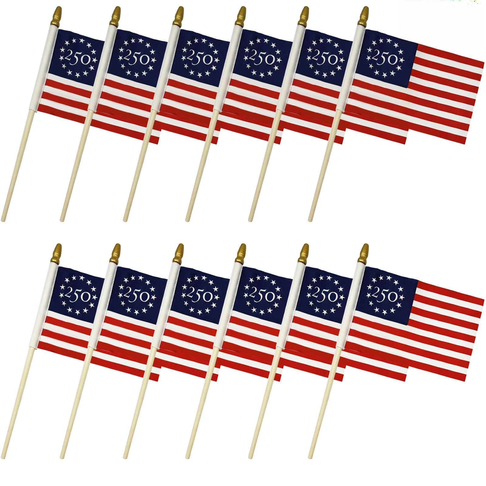 Photo 1 of 12 Pack Small American Flags on Stick Small US Flags/250 Anniversary Usa Flag American Hand Held Stick Flags with Spear Top,4th of July Decorations,Patriotic Decorations