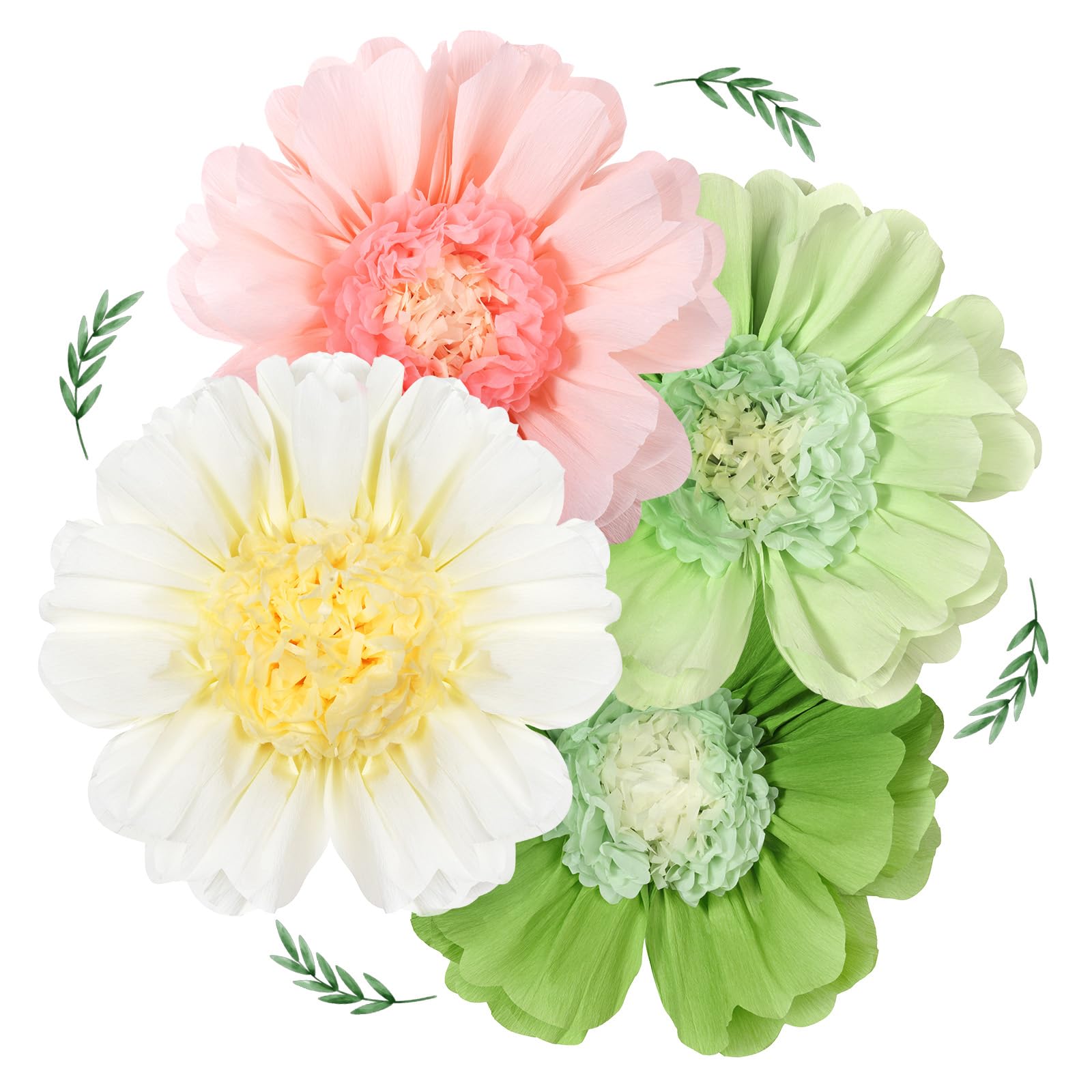 AUAUY 4PCS Paper Flowers Decorations, Spring Party Decorations, Green Paper Flower Pom Poms, Large Tissue Flowers Decor for Birthday, Weddings, Festivals, Garden Home
