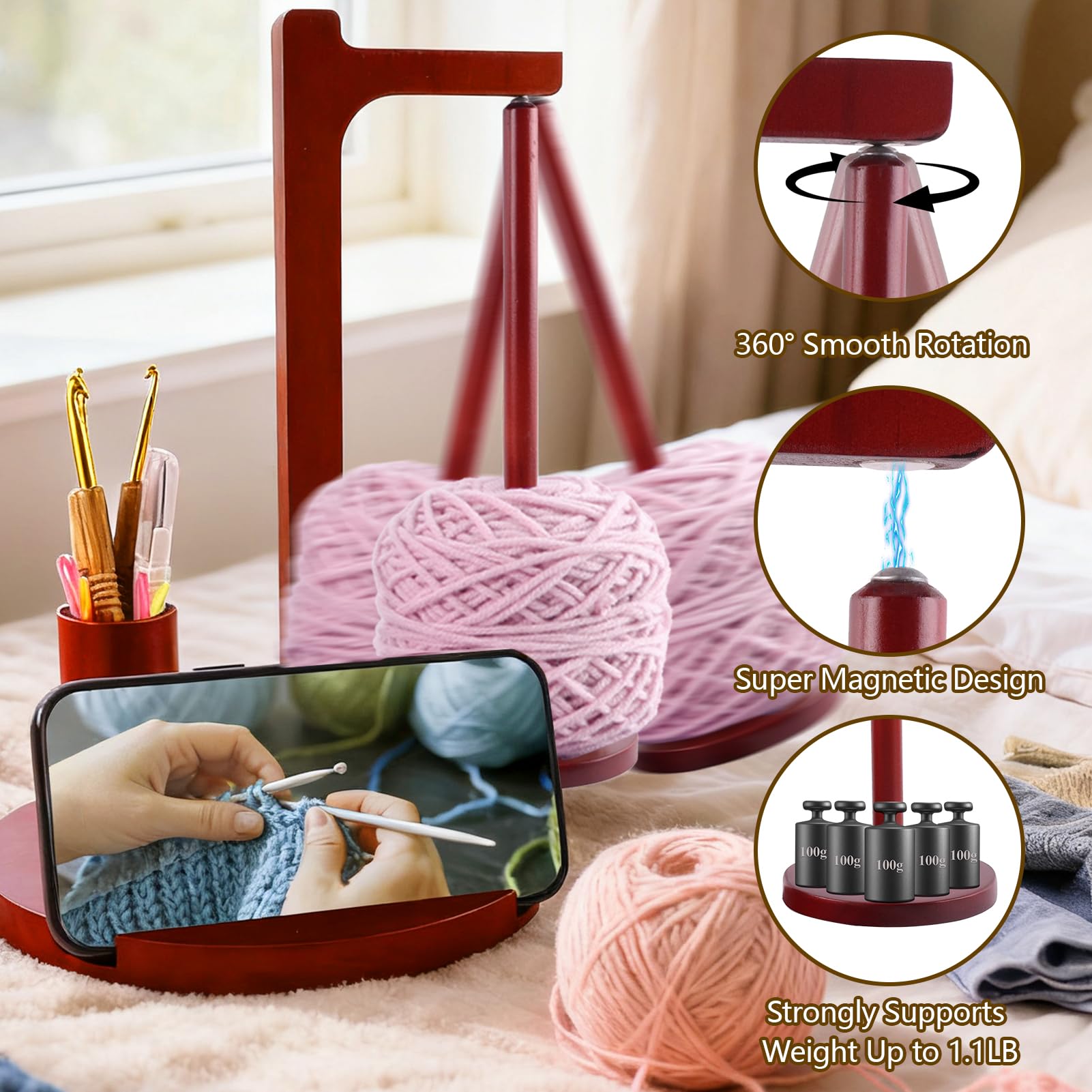 Soporte para hilo de ganchillo y tejer, giratorio magnético de madera con ganchos y agujas, soporte para teléfono y organizador de almacenamiento, regalo ideal para los amantes del tejido